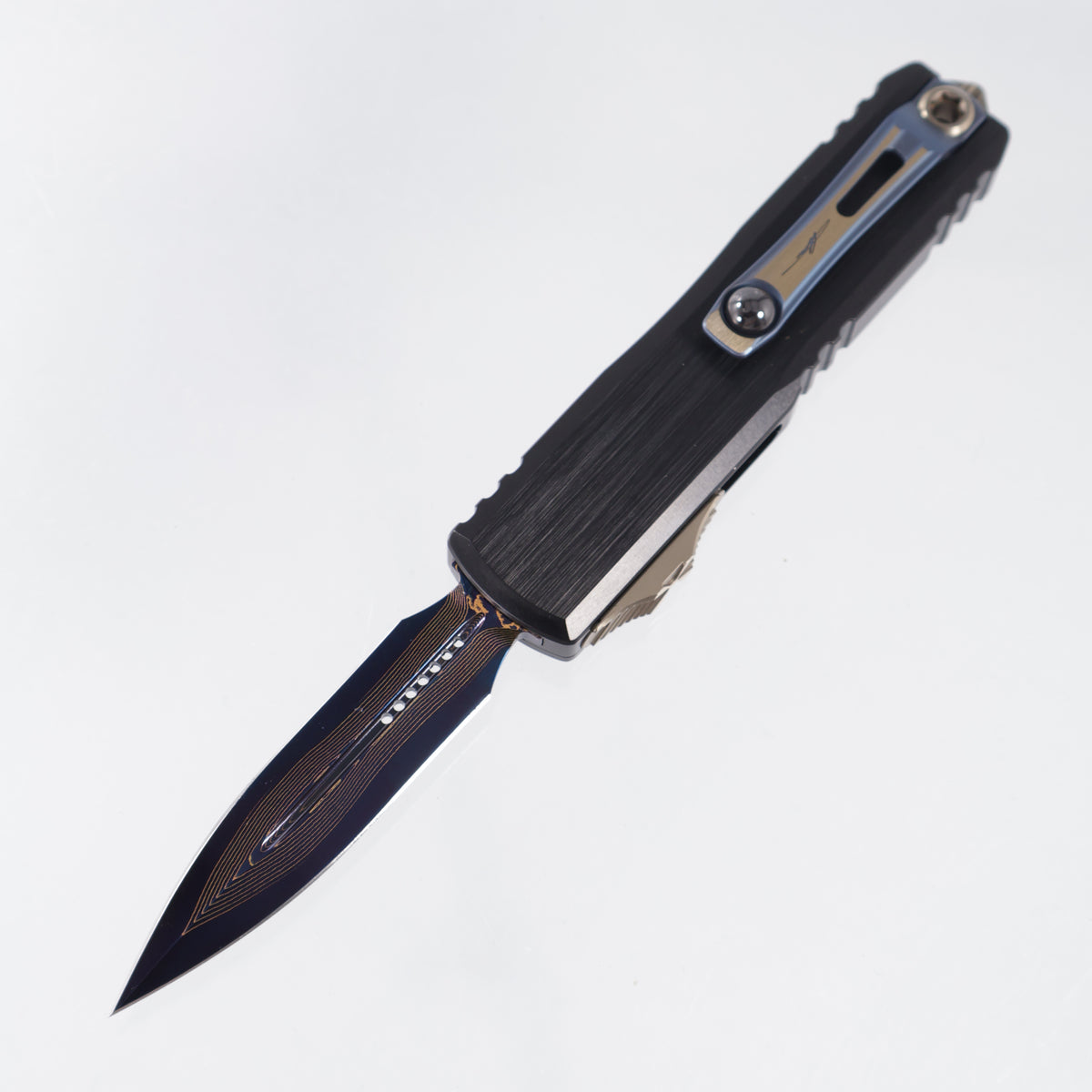 Microtech Marfione Select UTX-85 Gen III Double Edge - Hefted Black Aluminum Chassis w/ Blue Ti Accents & Bronzed Hardware - Blued Baker Forge Damascus - 1232-16MS2 *PRE-OWNED*