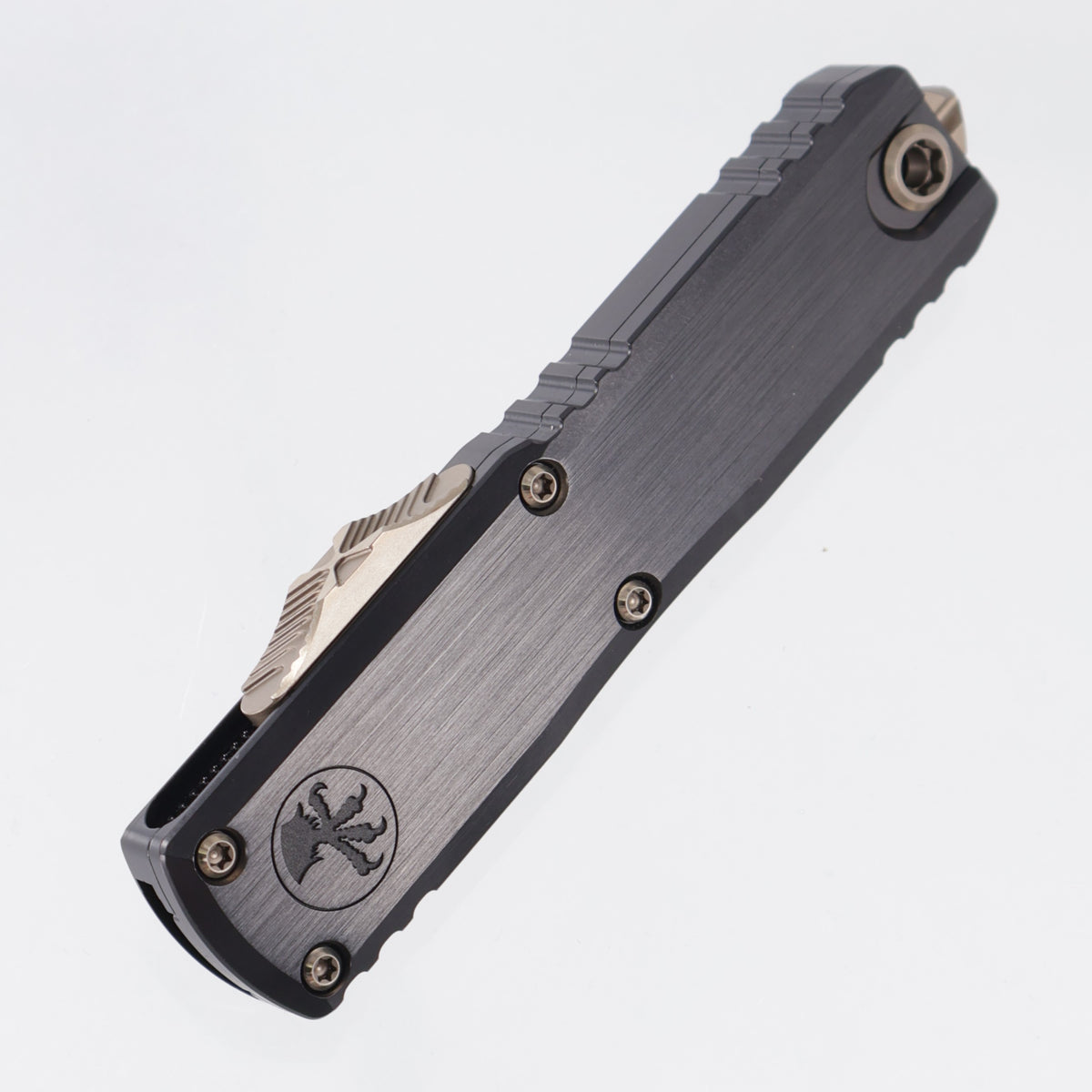 Microtech Marfione Select UTX-85 Gen III Double Edge - Hefted Black Aluminum Chassis w/ Blue Ti Accents & Bronzed Hardware - Blued Baker Forge Damascus - 1232-16MS2 *PRE-OWNED*