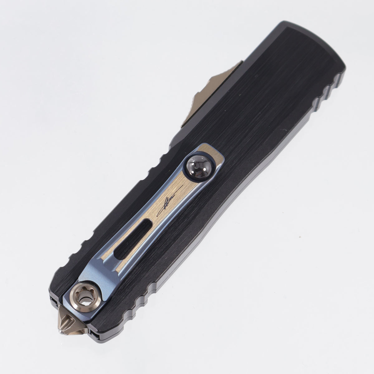 Microtech Marfione Select UTX-85 Gen III Double Edge - Hefted Black Aluminum Chassis w/ Blue Ti Accents & Bronzed Hardware - Blued Baker Forge Damascus - 1232-16MS2 *PRE-OWNED*