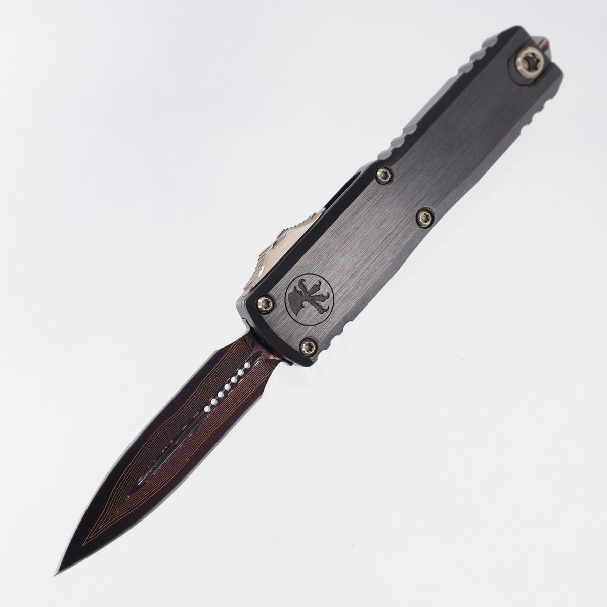 Microtech Marfione Select UTX-85 Gen III Double Edge - Hefted Black Aluminum Chassis w/ Purple Ti Accents & Bronzed Hardware - Blued Baker Forge Damascus - 1232-16MS3 *PRE-OWNED*