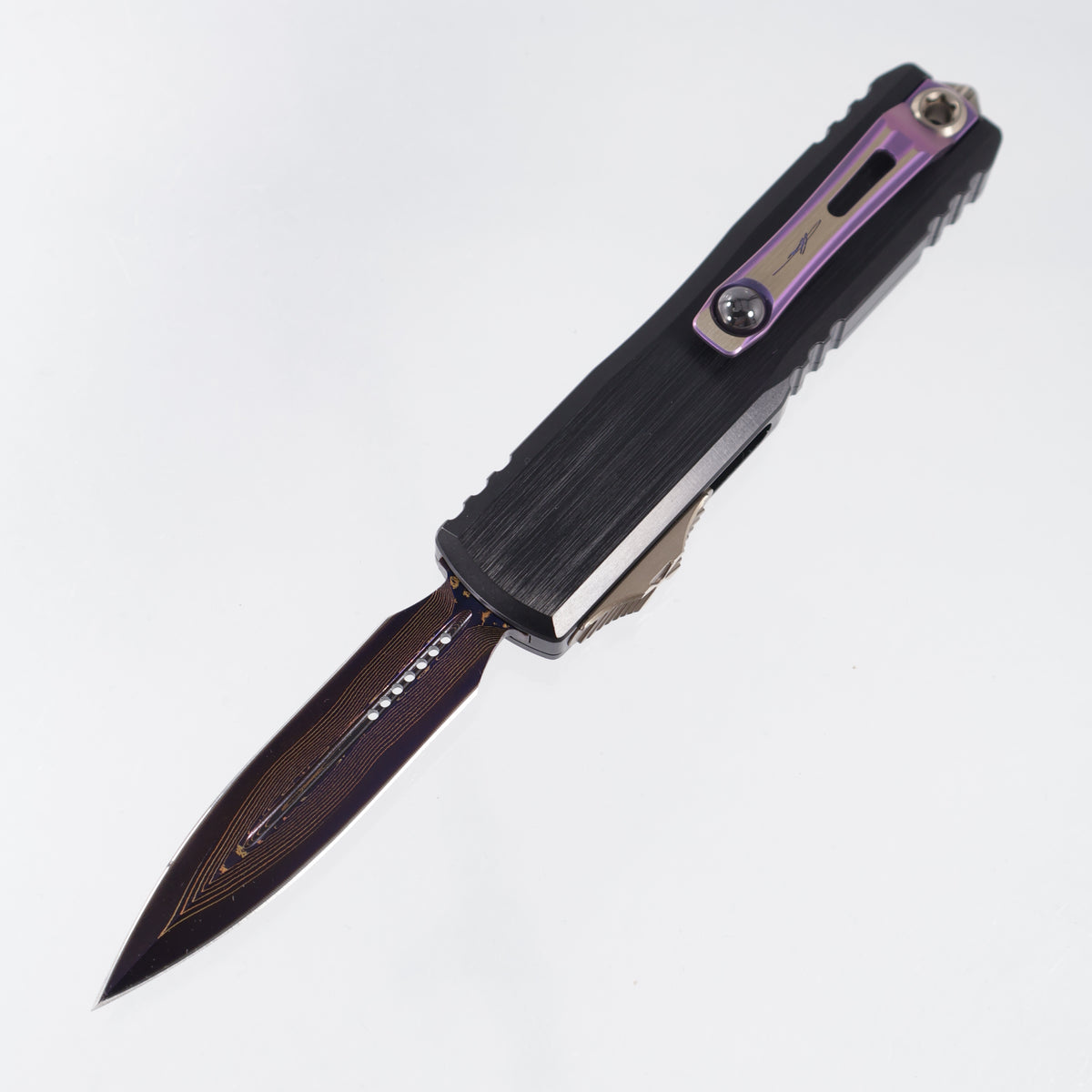 Microtech Marfione Select UTX-85 Gen III Double Edge - Hefted Black Aluminum Chassis w/ Purple Ti Accents & Bronzed Hardware - Blued Baker Forge Damascus - 1232-16MS3 *PRE-OWNED*