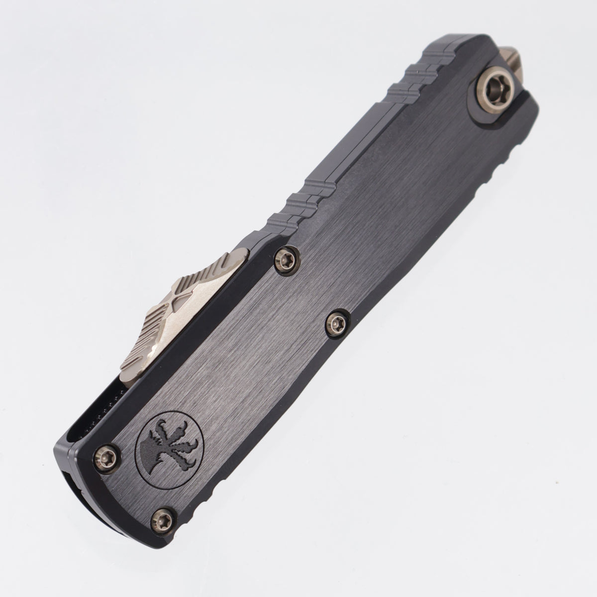 Microtech Marfione Select UTX-85 Gen III Double Edge - Hefted Black Aluminum Chassis w/ Purple Ti Accents & Bronzed Hardware - Blued Baker Forge Damascus - 1232-16MS3 *PRE-OWNED*