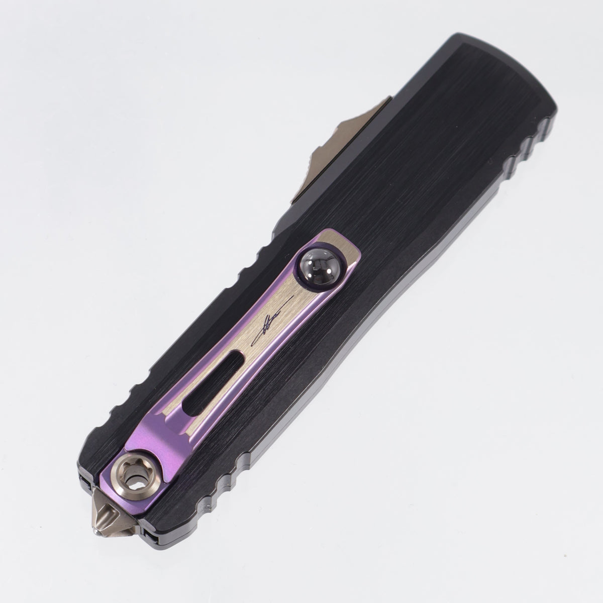 Microtech Marfione Select UTX-85 Gen III Double Edge - Hefted Black Aluminum Chassis w/ Purple Ti Accents & Bronzed Hardware - Blued Baker Forge Damascus - 1232-16MS3 *PRE-OWNED*