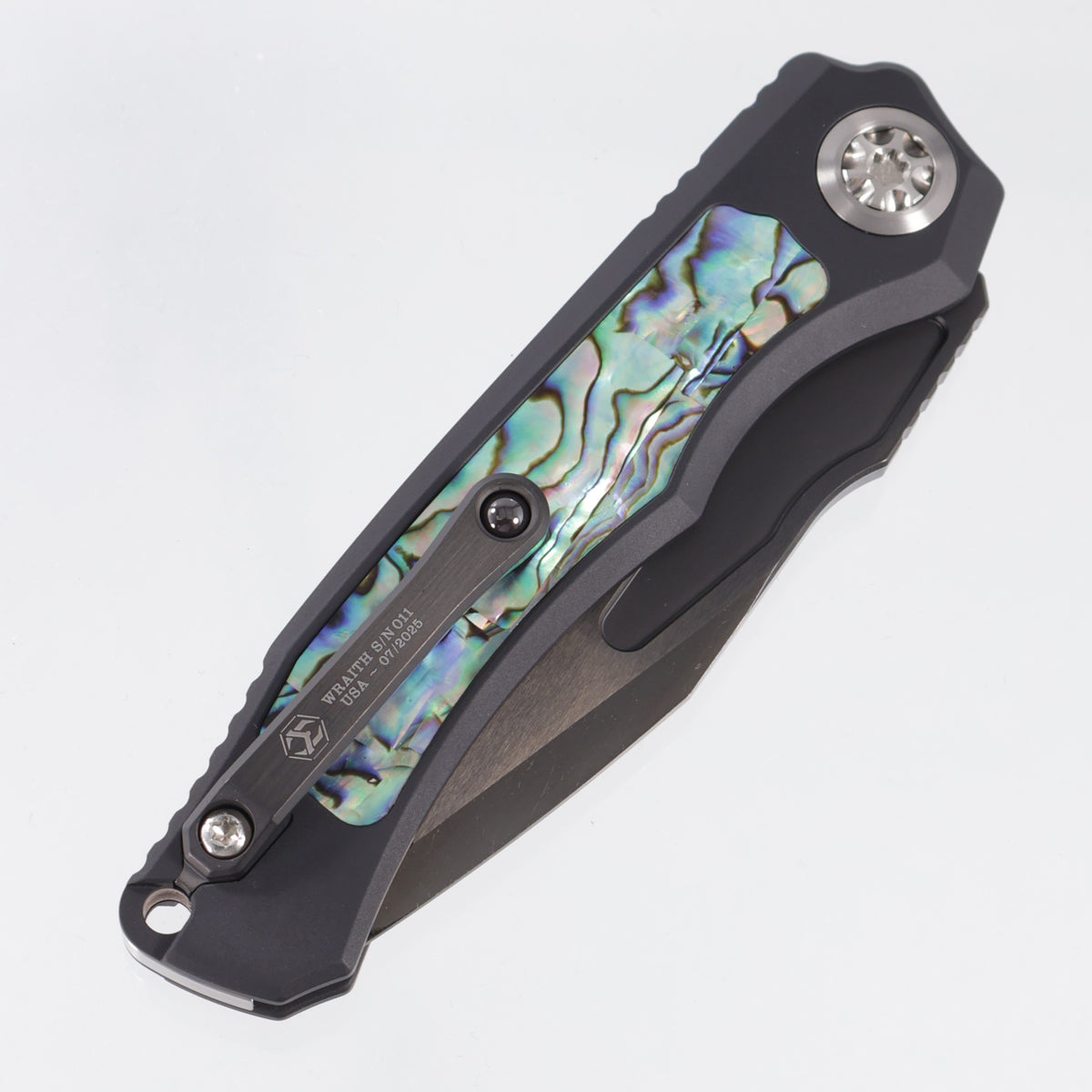 Heretic Wraith V4 Auto Tanto Custom - Aluminum Chassis w/ Abalone Inlays - DLC Cracked Ice Compound Grind M390 - SN: 011 *PRE-OWNED*