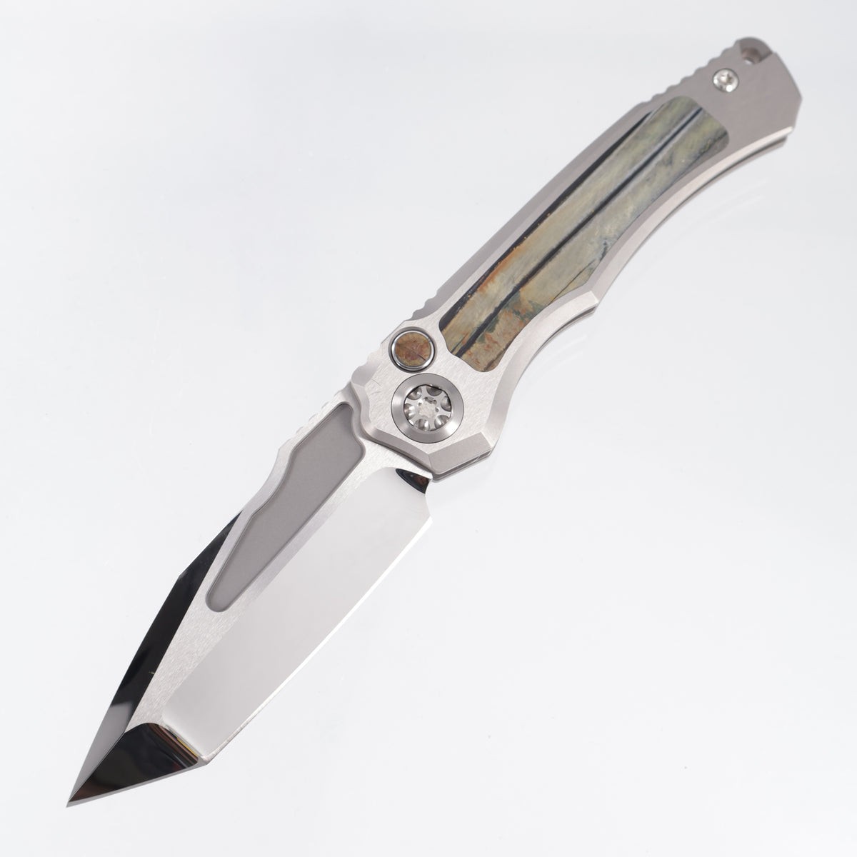 Heretic Wraith V4 Auto Tanto Custom - Hefted Titanium Chassis w/ Ice Age Mammoth Molar Inlays - Mirror Polish Compound Grind M390 - SN: 003 *PRE-OWNED*
