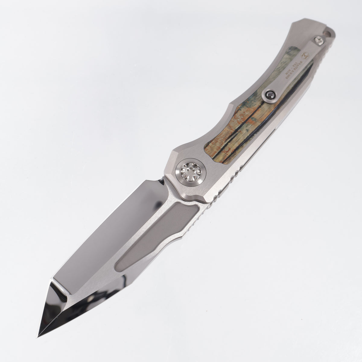 Heretic Wraith V4 Auto Tanto Custom - Hefted Titanium Chassis w/ Ice Age Mammoth Molar Inlays - Mirror Polish Compound Grind M390 - SN: 003 *PRE-OWNED*