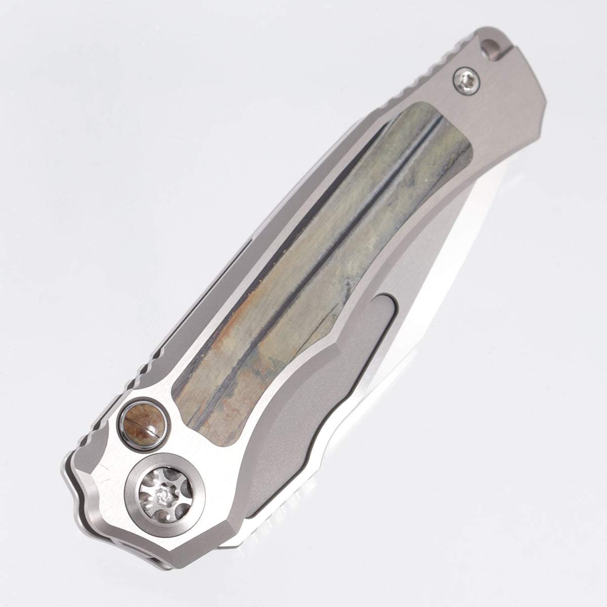 Heretic Wraith V4 Auto Tanto Custom - Hefted Titanium Chassis w/ Ice Age Mammoth Molar Inlays - Mirror Polish Compound Grind M390 - SN: 003 *PRE-OWNED*