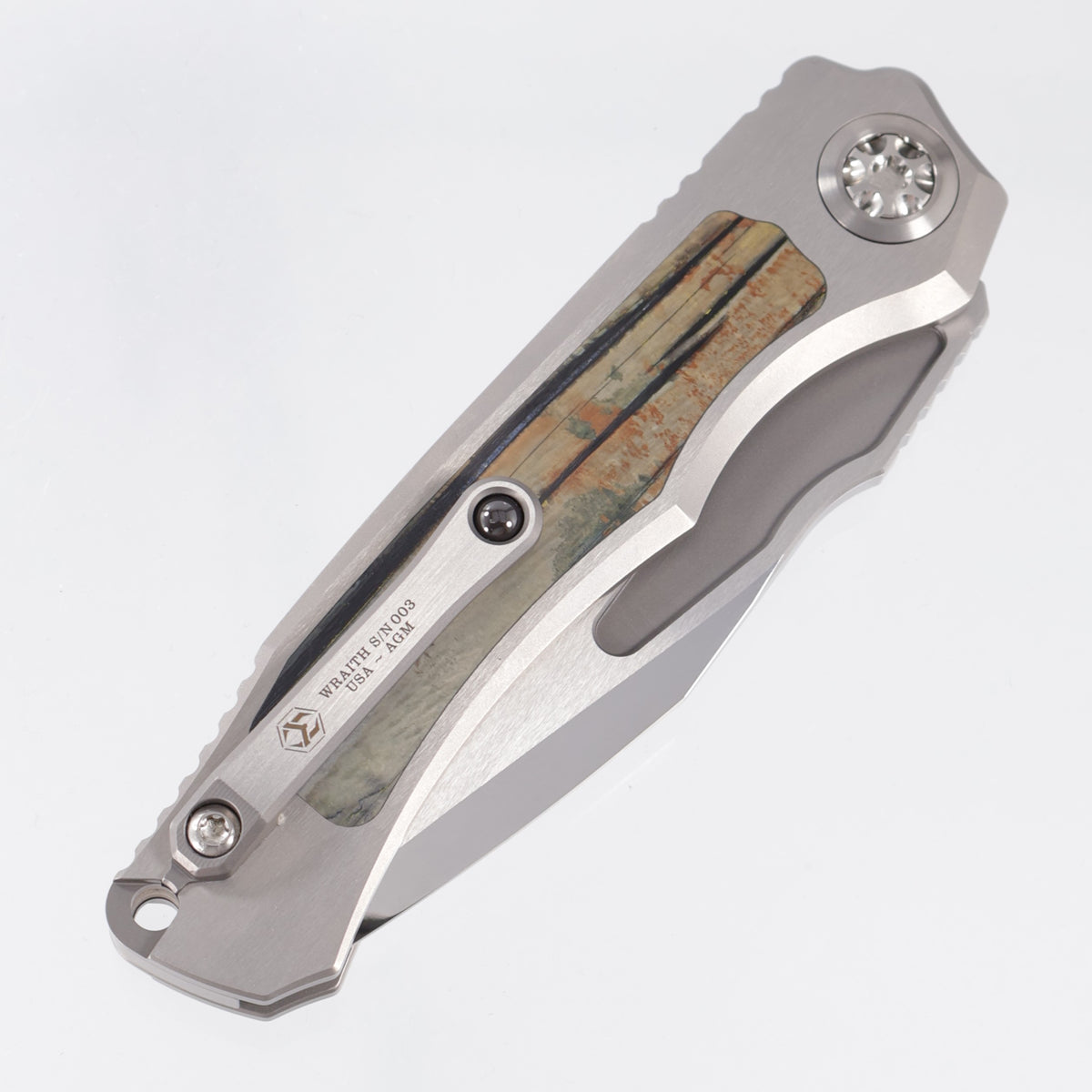 Heretic Wraith V4 Auto Tanto Custom - Hefted Titanium Chassis w/ Ice Age Mammoth Molar Inlays - Mirror Polish Compound Grind M390 - SN: 003 *PRE-OWNED*
