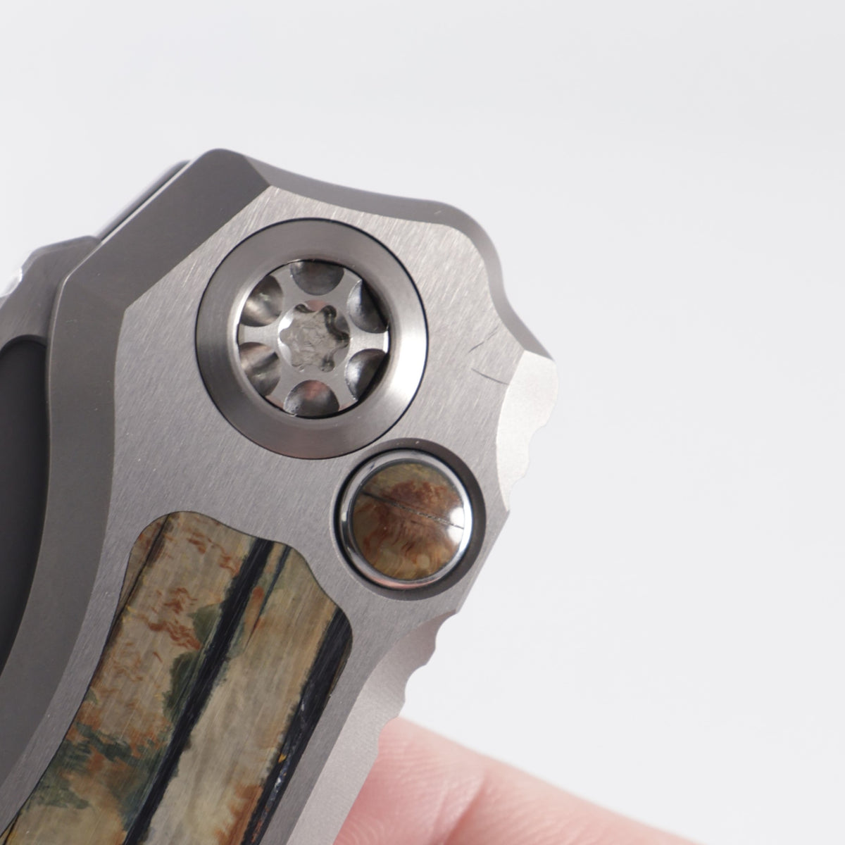 Heretic Wraith V4 Auto Tanto Custom - Hefted Titanium Chassis w/ Ice Age Mammoth Molar Inlays - Mirror Polish Compound Grind M390 - SN: 003 *PRE-OWNED*