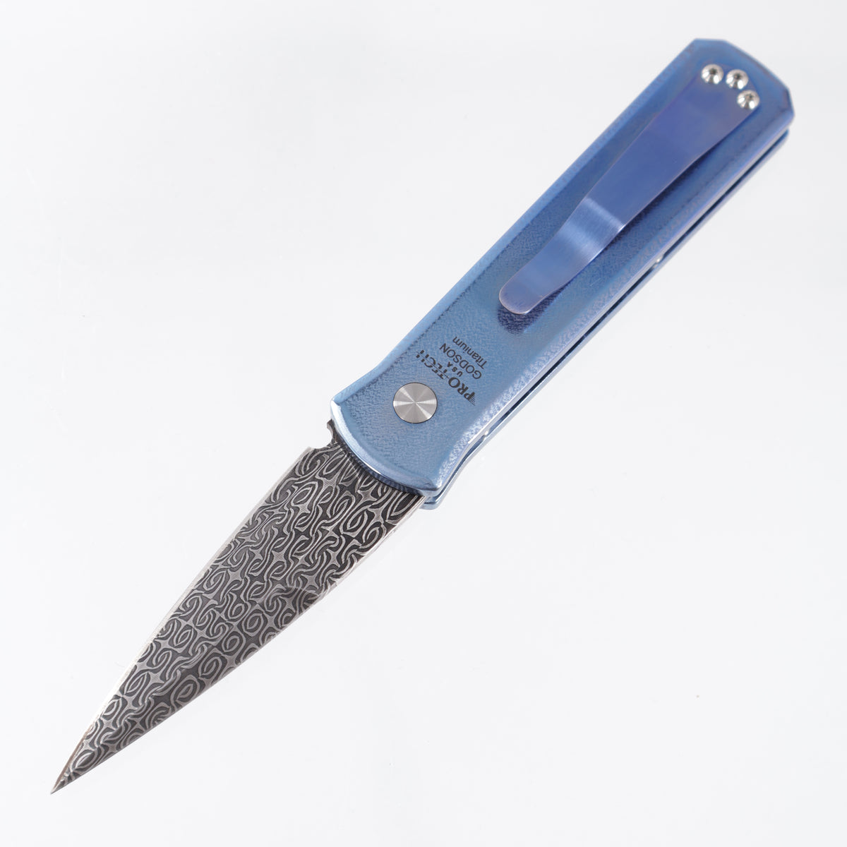 Pro-Tech Godson Custom - Blue Ano Orange Peel Titanium - Damascus Blade *PRE-OWNED*
