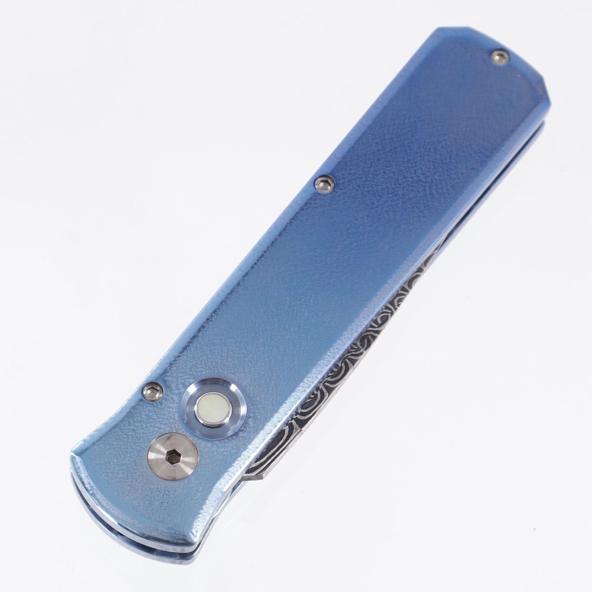 Pro-Tech Godson Custom - Blue Ano Orange Peel Titanium - Damascus Blade *PRE-OWNED*