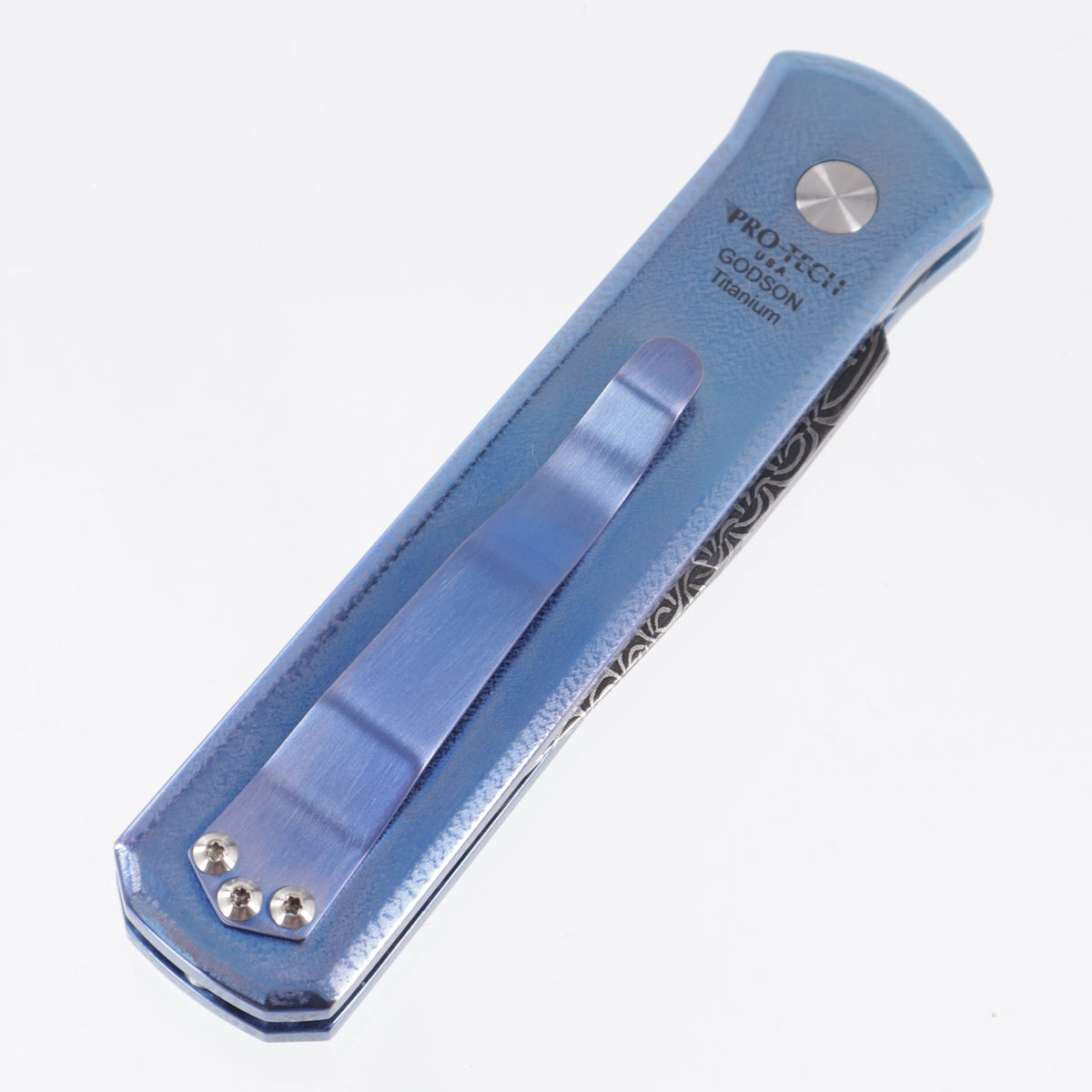 Pro-Tech Godson Custom - Blue Ano Orange Peel Titanium - Damascus Blade *PRE-OWNED*