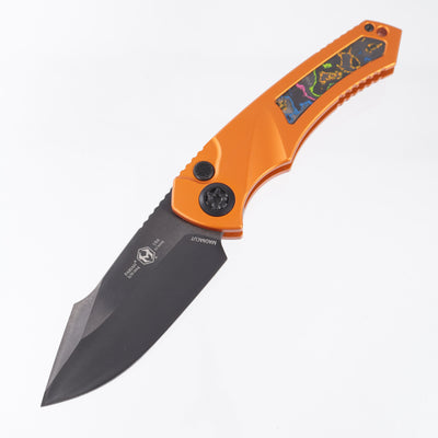 Heretic Pariah Auto Single Edge - Orange Aluminum w/ 80s Camo Carbon inlays - DLC Magnacut - H048-6A-OG/80S - BROP Exclusive - S/N: 004 *PRE-OWNED*