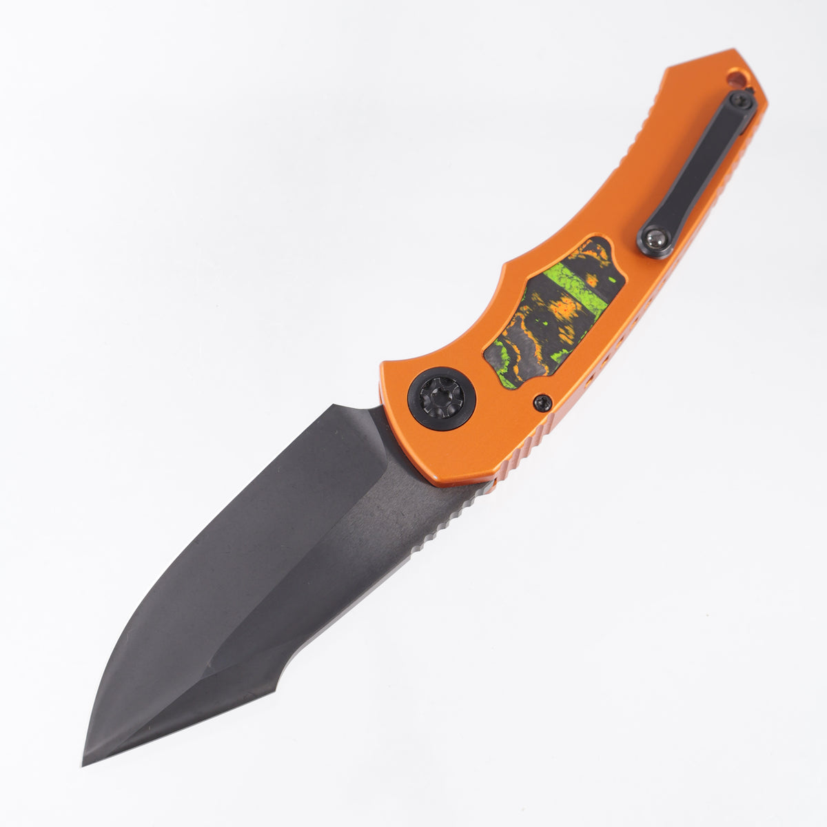 Heretic Pariah Auto Single Edge - Orange Aluminum w/ 80s Camo Carbon inlays - DLC Magnacut - H048-6A-OG/80S - BROP Exclusive - S/N: 004 *PRE-OWNED*