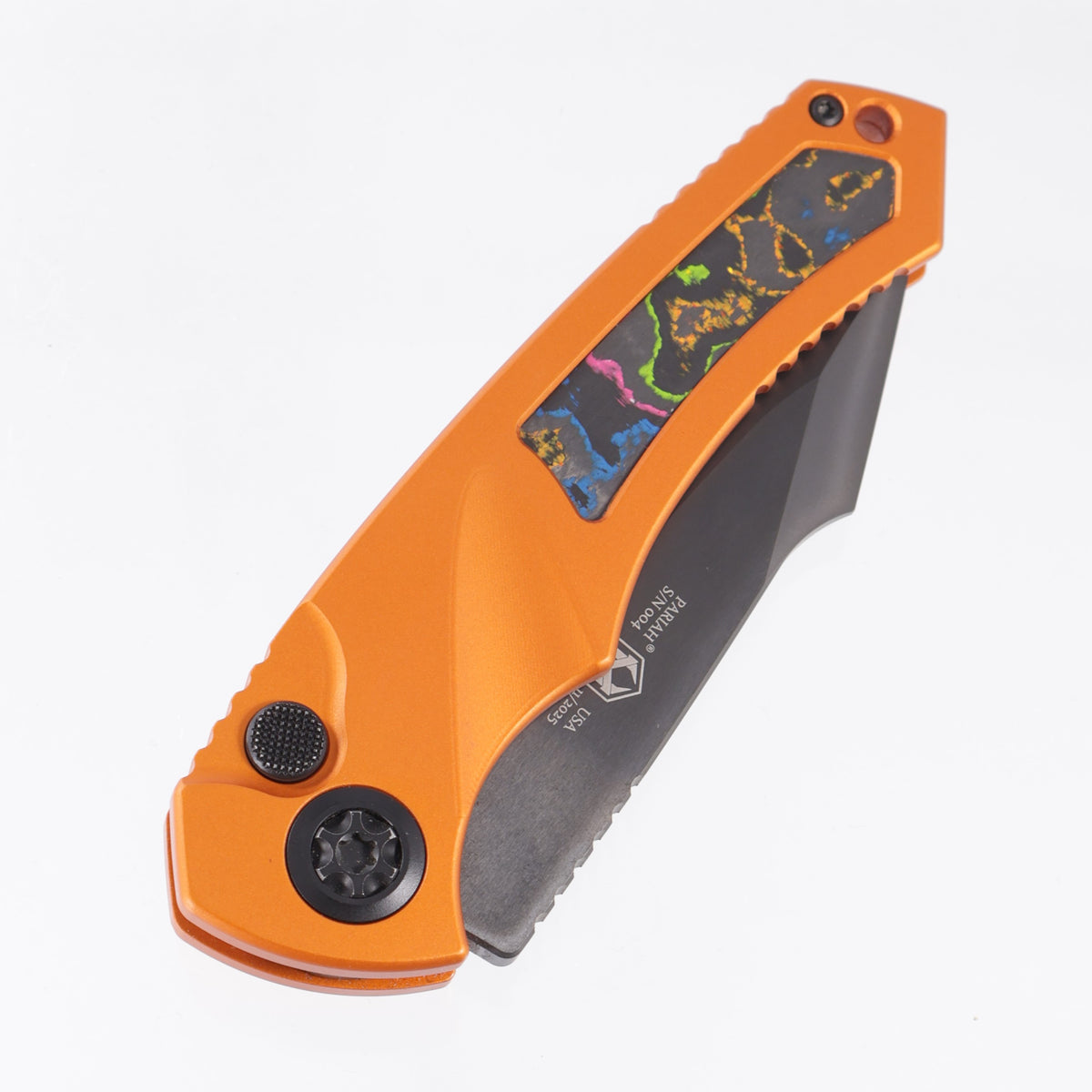 Heretic Pariah Auto Single Edge - Orange Aluminum w/ 80s Camo Carbon inlays - DLC Magnacut - H048-6A-OG/80S - BROP Exclusive - S/N: 004 *PRE-OWNED*