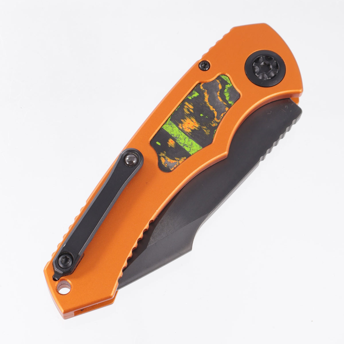 Heretic Pariah Auto Single Edge - Orange Aluminum w/ 80s Camo Carbon inlays - DLC Magnacut - H048-6A-OG/80S - BROP Exclusive - S/N: 004 *PRE-OWNED*