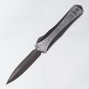 Heretic Manticore X Double Edge Custom *Hand Engraved* - Hand Ground Vegas Forge DLC Damascus - Two Tone DLC Hefted Stainless Chassi w/ Flamed Ti Clip & Carbon Fiber Button - S/N: 010 *PRE-OWNED*