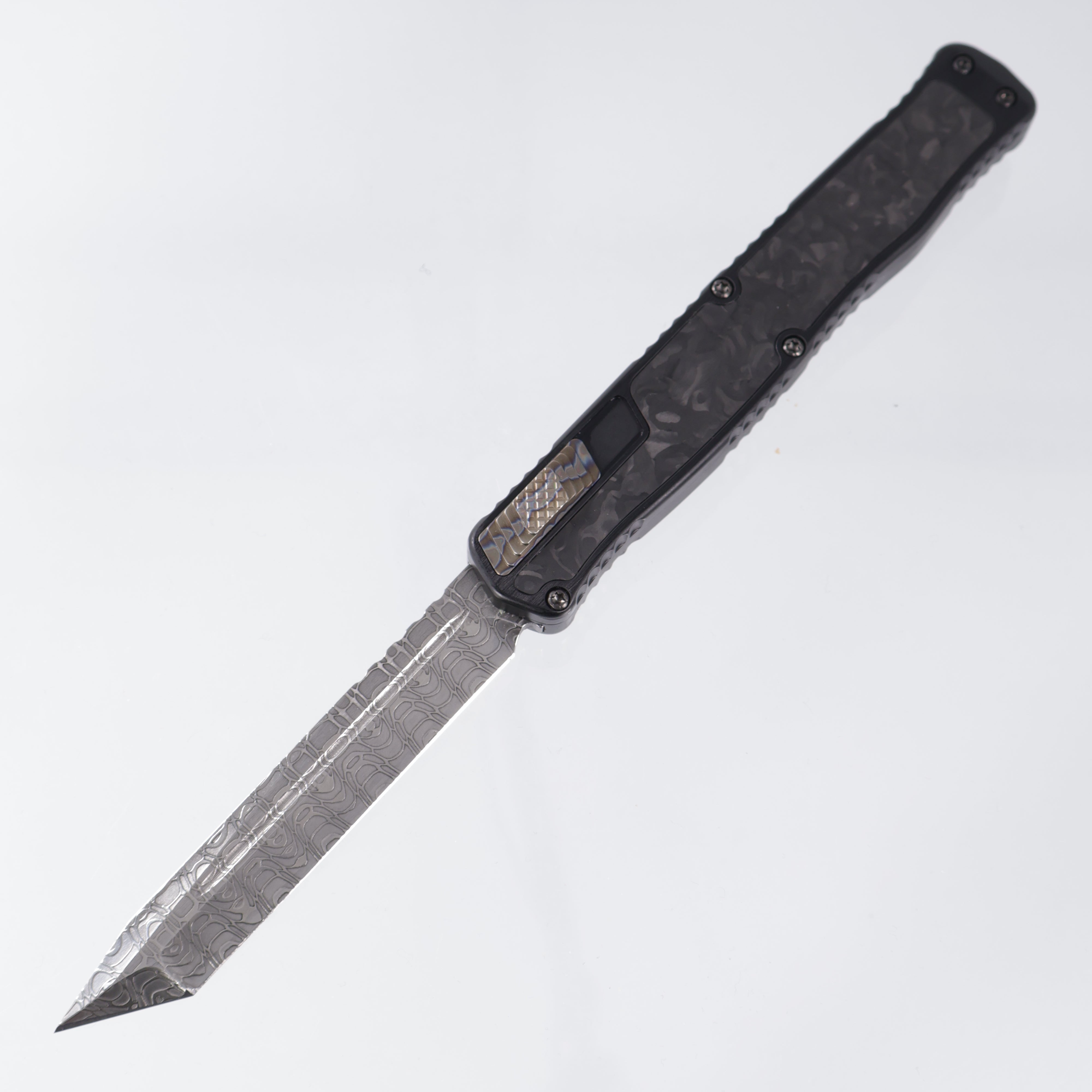 Heretic Cleric II Tanto Custom - Vegas Forge Razorwire Damascus - Aluminum Chassis w/ Marbled Carbon Fiber inlays, Flamed Ti button & Clip - S/N: 037 *PRE-OWNED*