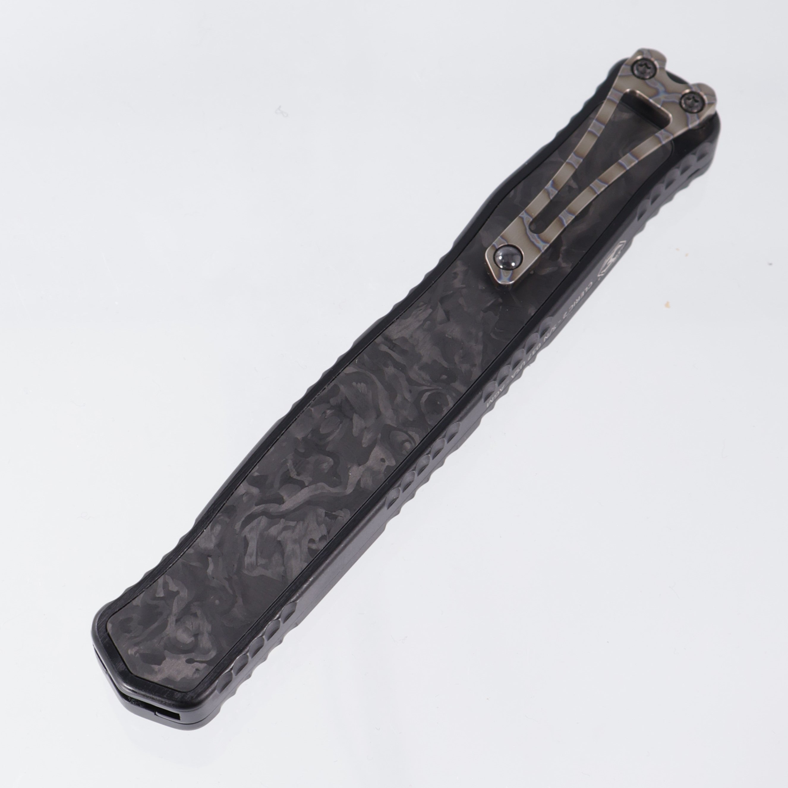 Heretic Cleric II Tanto Custom - Vegas Forge Razorwire Damascus - Aluminum Chassis w/ Marbled Carbon Fiber inlays, Flamed Ti button & Clip - S/N: 037 *PRE-OWNED*