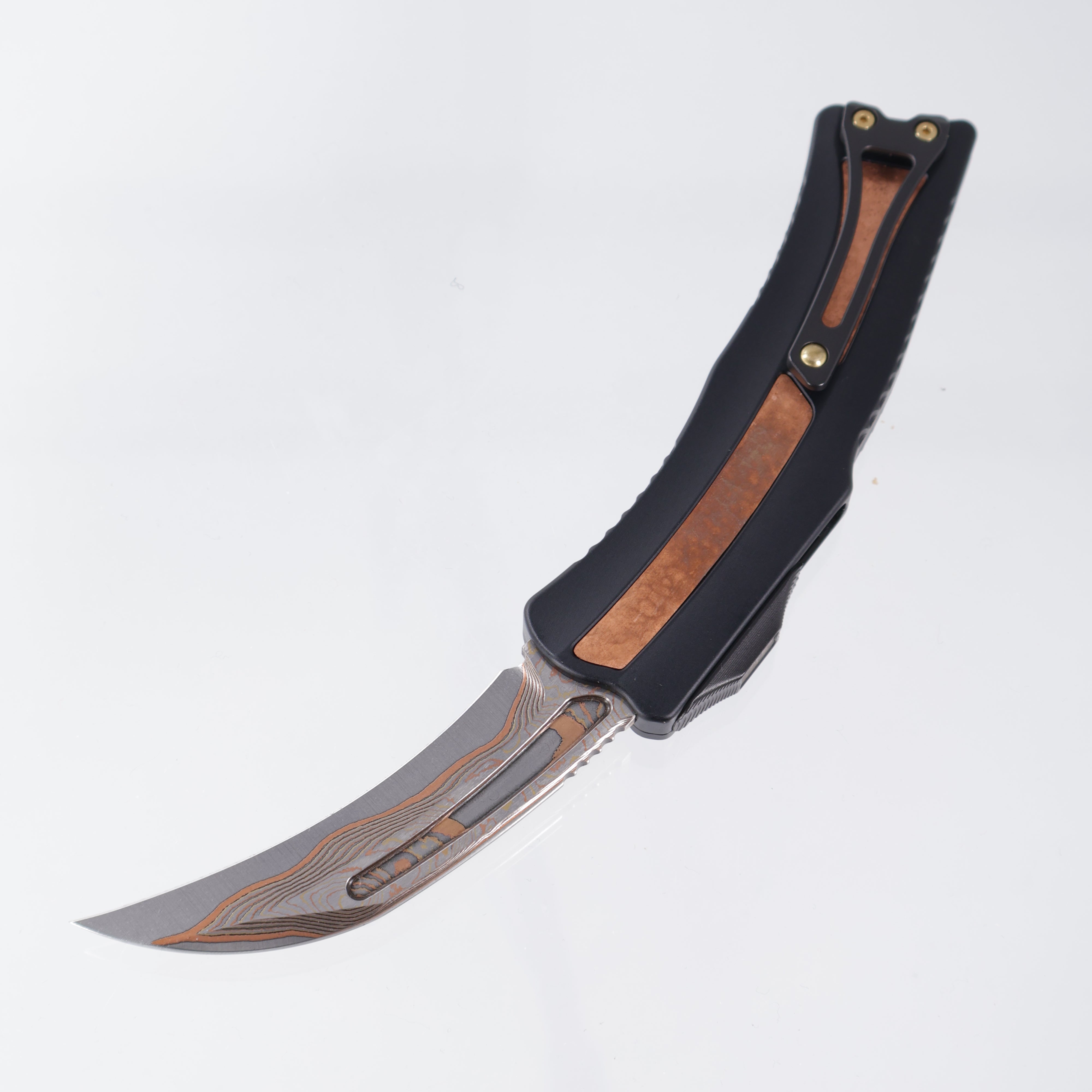 Heretic Roc Custom - Polished Baker Forge Damascus - Aluminum Chassis w/ Hand Peened Copper inlays & Brass hardware - Inlaid Button - S/N: 003 *PRE-OWNED*