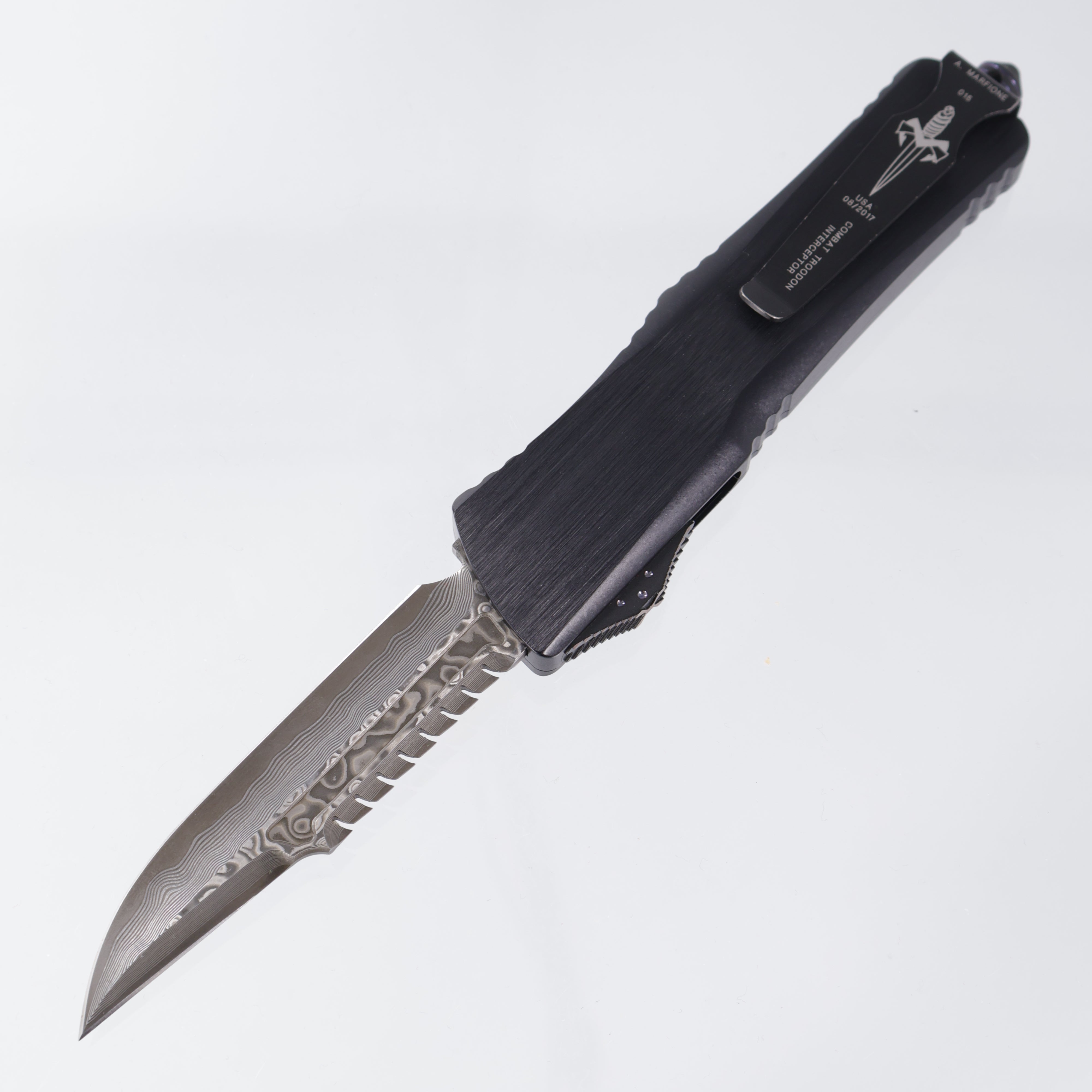 Marfione Custom Combat Troodon Interceptor - Hattori San-Mai Cowry-X Core Damascus - Hefted Aluminum Chassis w/ Purple Ringed Titanium hardware - S/N:015 *PRE-OWNED*
