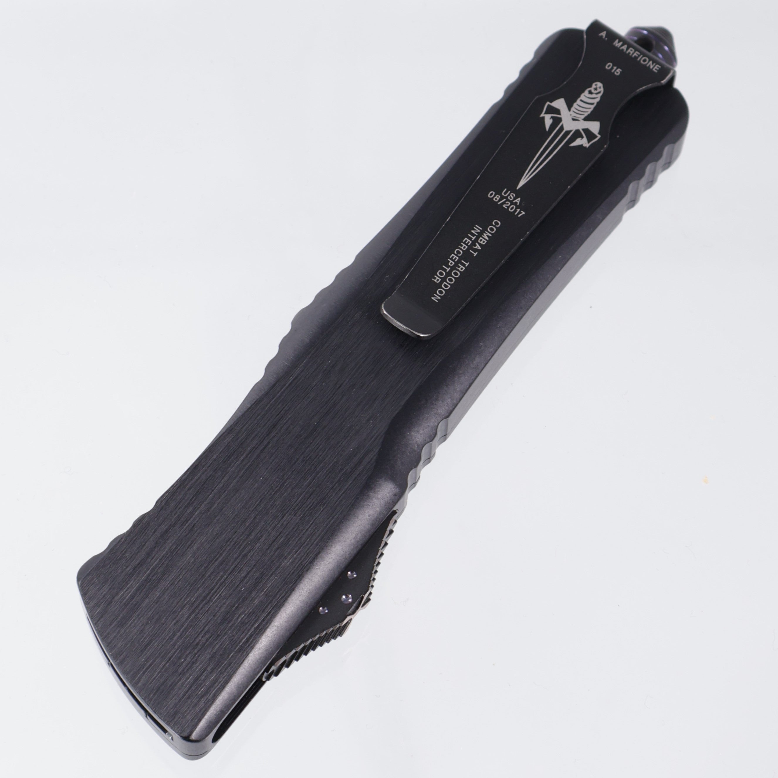 Marfione Custom Combat Troodon Interceptor - Hattori San-Mai Cowry-X Core Damascus - Hefted Aluminum Chassis w/ Purple Ringed Titanium hardware - S/N:015 *PRE-OWNED*