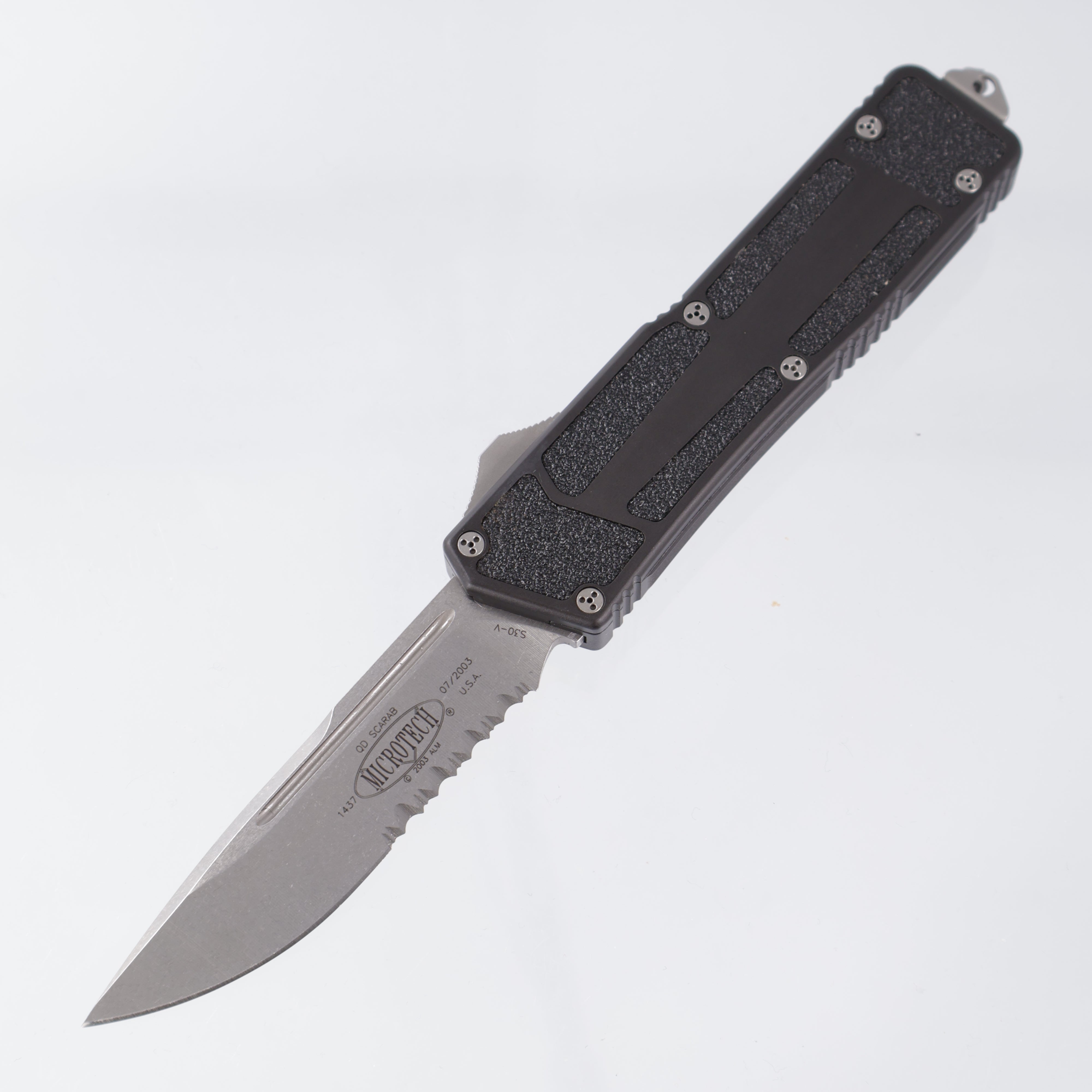 Vintage Microtech QD Scarab - Stonewash Partial Serrated S30V - Black Aluminum w/ Grip Tape inlays - 07/2003 Build *PRE-OWNED*