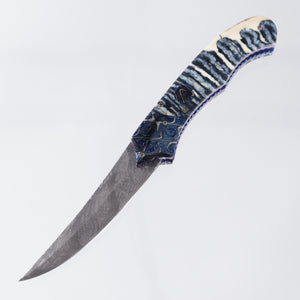 Rainy Vallotton Tiger Shark Custom - Damascus Blade - Mammoth Molar scales w/ Blued Damascus Bolsters *PRE-OWNED*