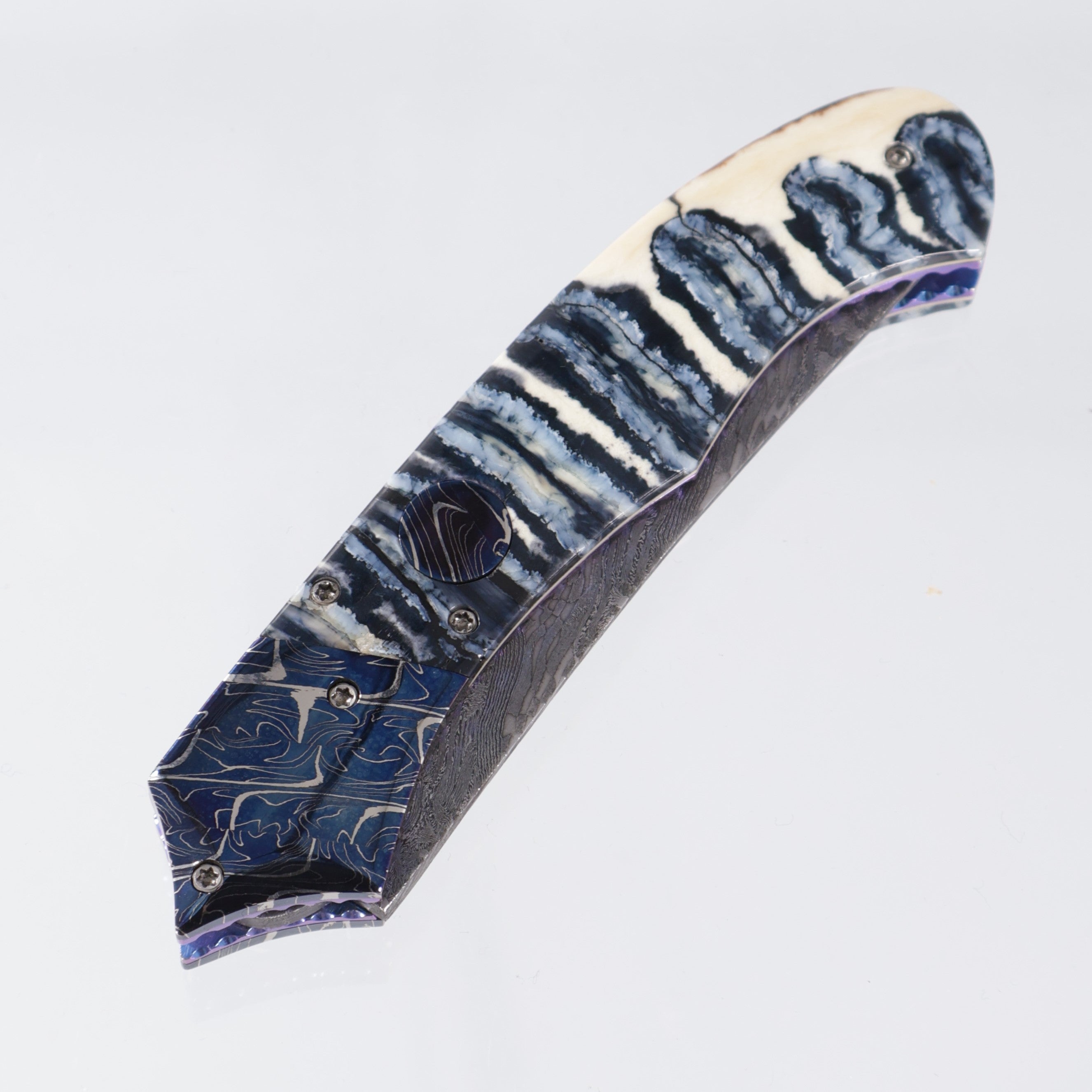 Rainy Vallotton Tiger Shark Custom - Damascus Blade - Mammoth Molar scales w/ Blued Damascus Bolsters *PRE-OWNED*