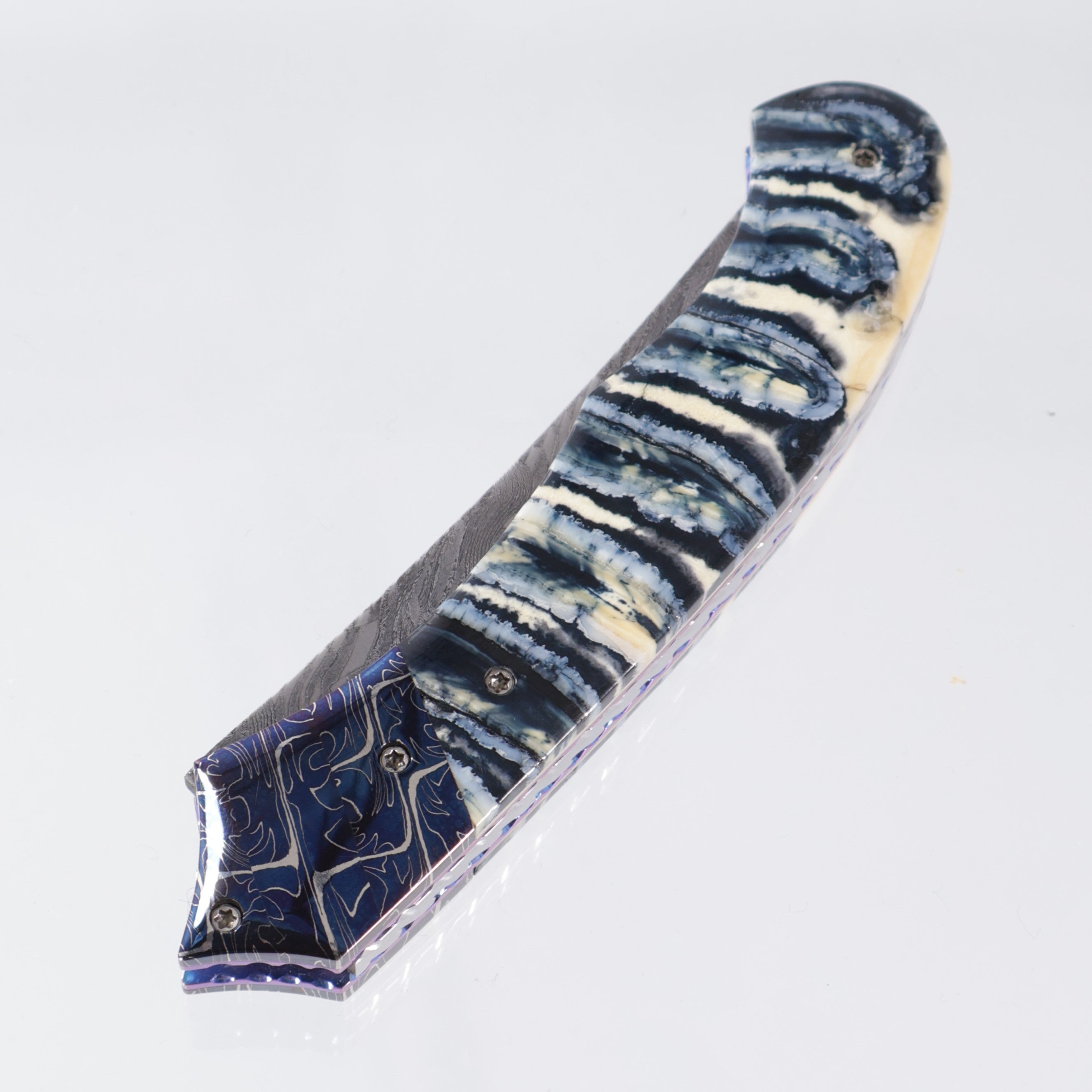 Rainy Vallotton Tiger Shark Custom - Damascus Blade - Mammoth Molar scales w/ Blued Damascus Bolsters *PRE-OWNED*