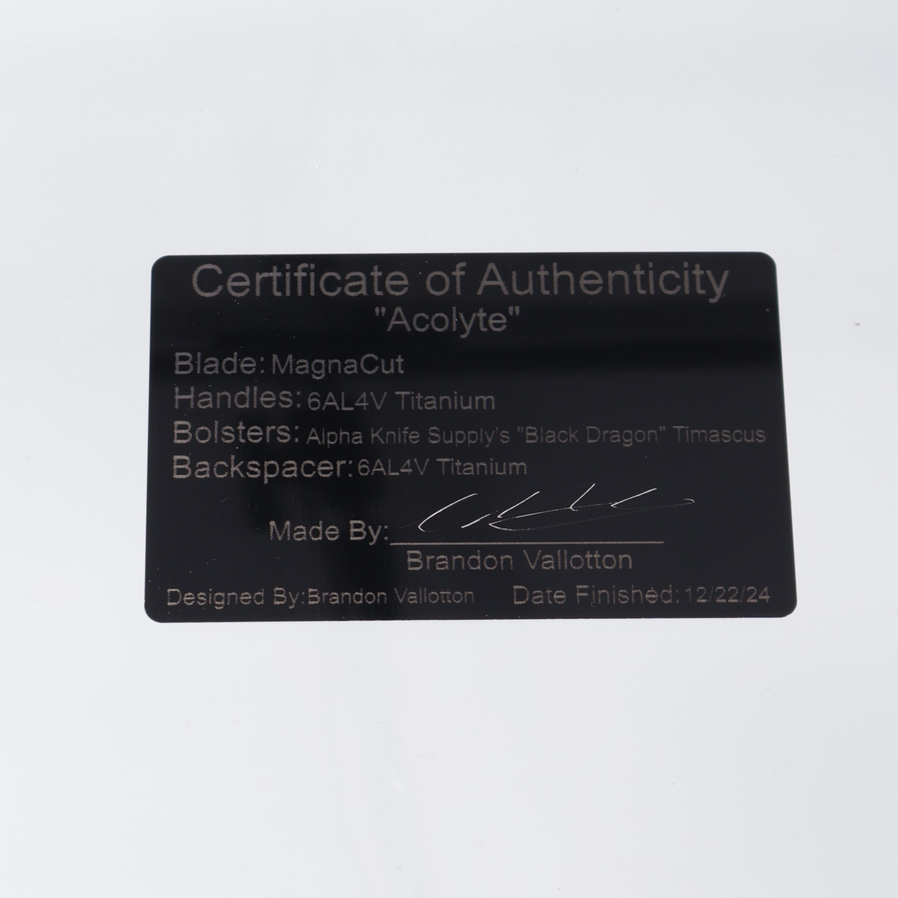 Brandon Valloton Acolyte Custom - Heat Bronzed Magnacut Blade - Titanium Scales w/ Black Dragon Timascus Bolsters *PRE-OWNED*