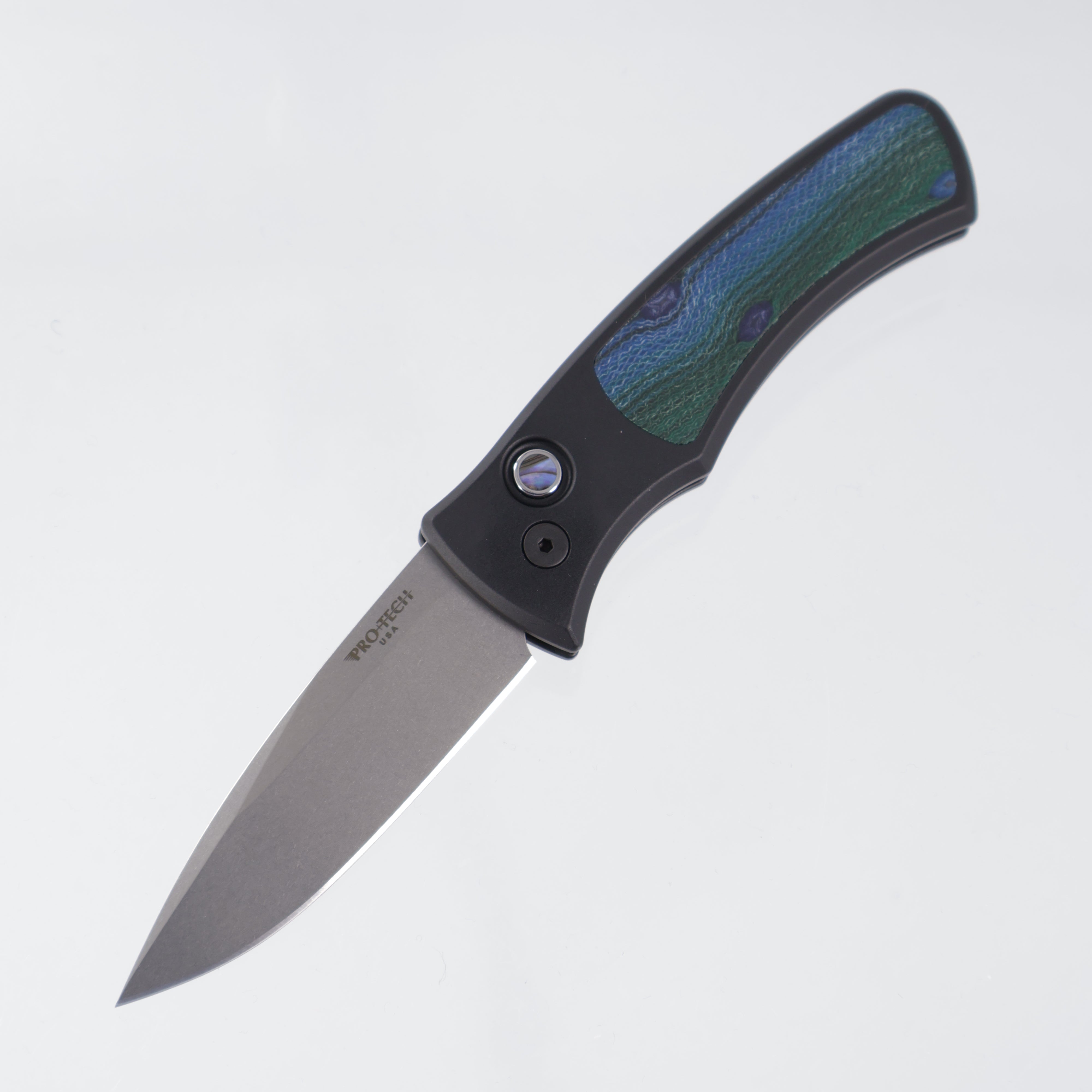 Pro-Tech Duke Unique Micarta (One of a Kind) - Black Handle w/ Unique Micarta Inlay & Abalone button - Stonewash Magnacut *PRE-OWNED*