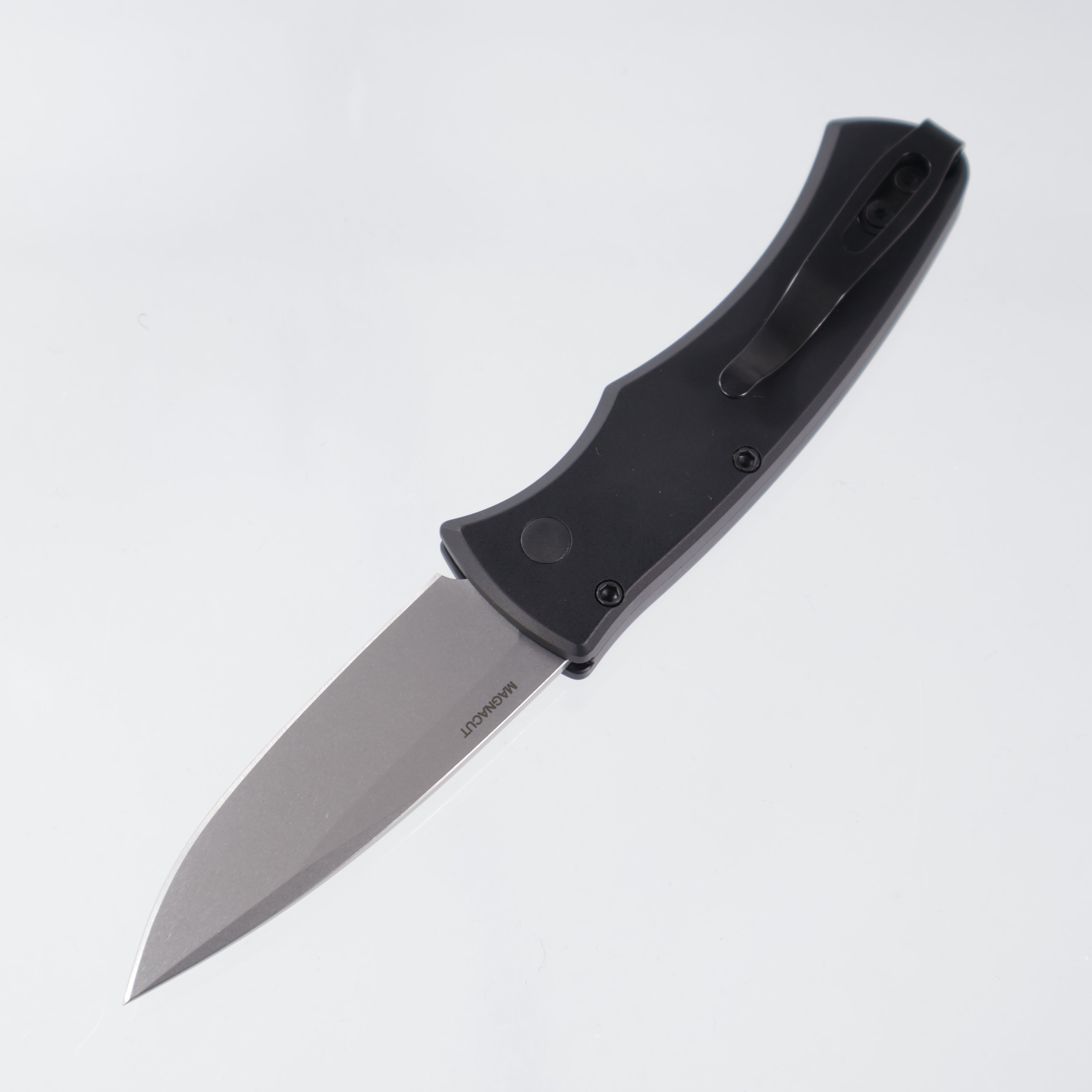 Pro-Tech Duke Unique Micarta (One of a Kind) - Black Handle w/ Unique Micarta Inlay & Abalone button - Stonewash Magnacut *PRE-OWNED*
