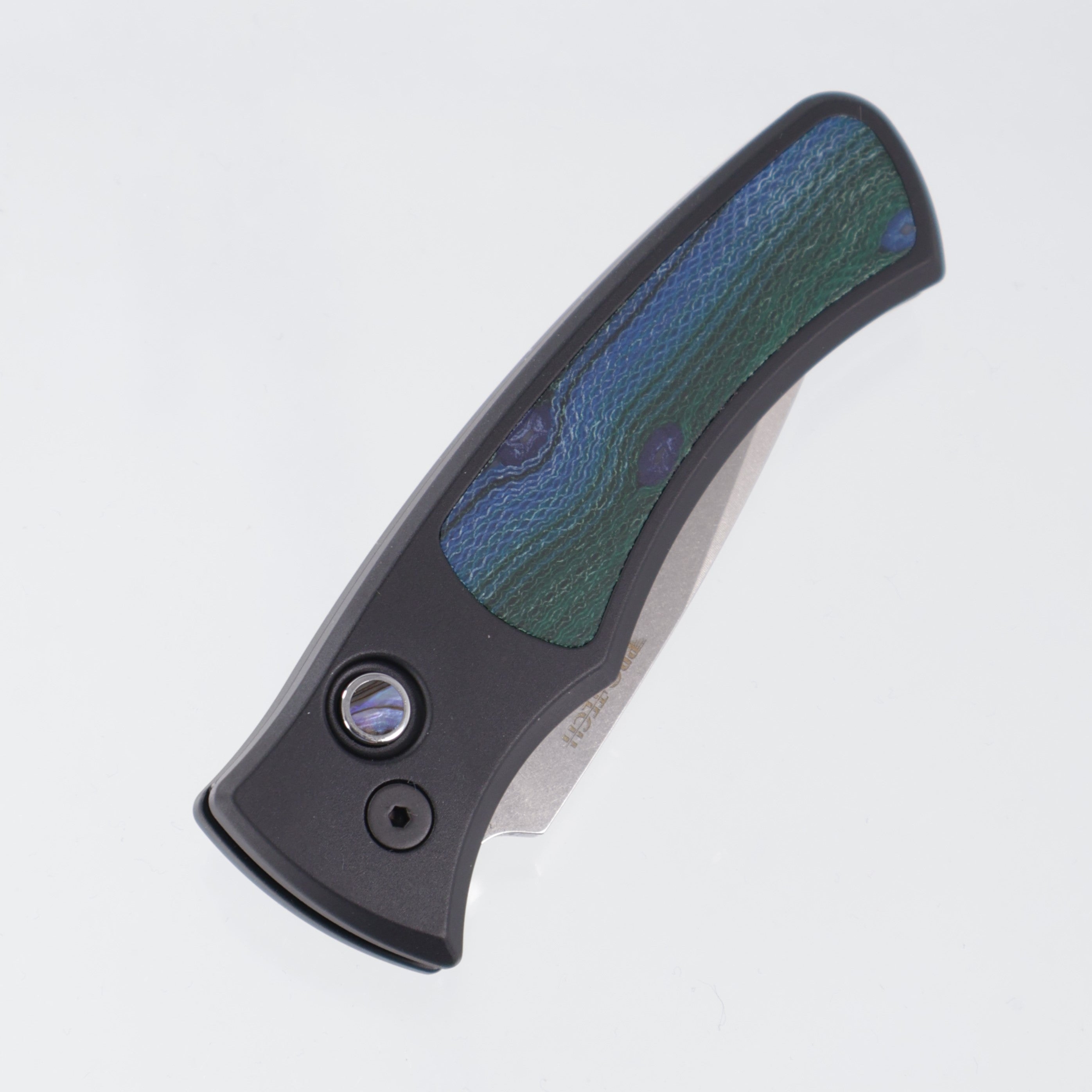 Pro-Tech Duke Unique Micarta (One of a Kind) - Black Handle w/ Unique Micarta Inlay & Abalone button - Stonewash Magnacut *PRE-OWNED*