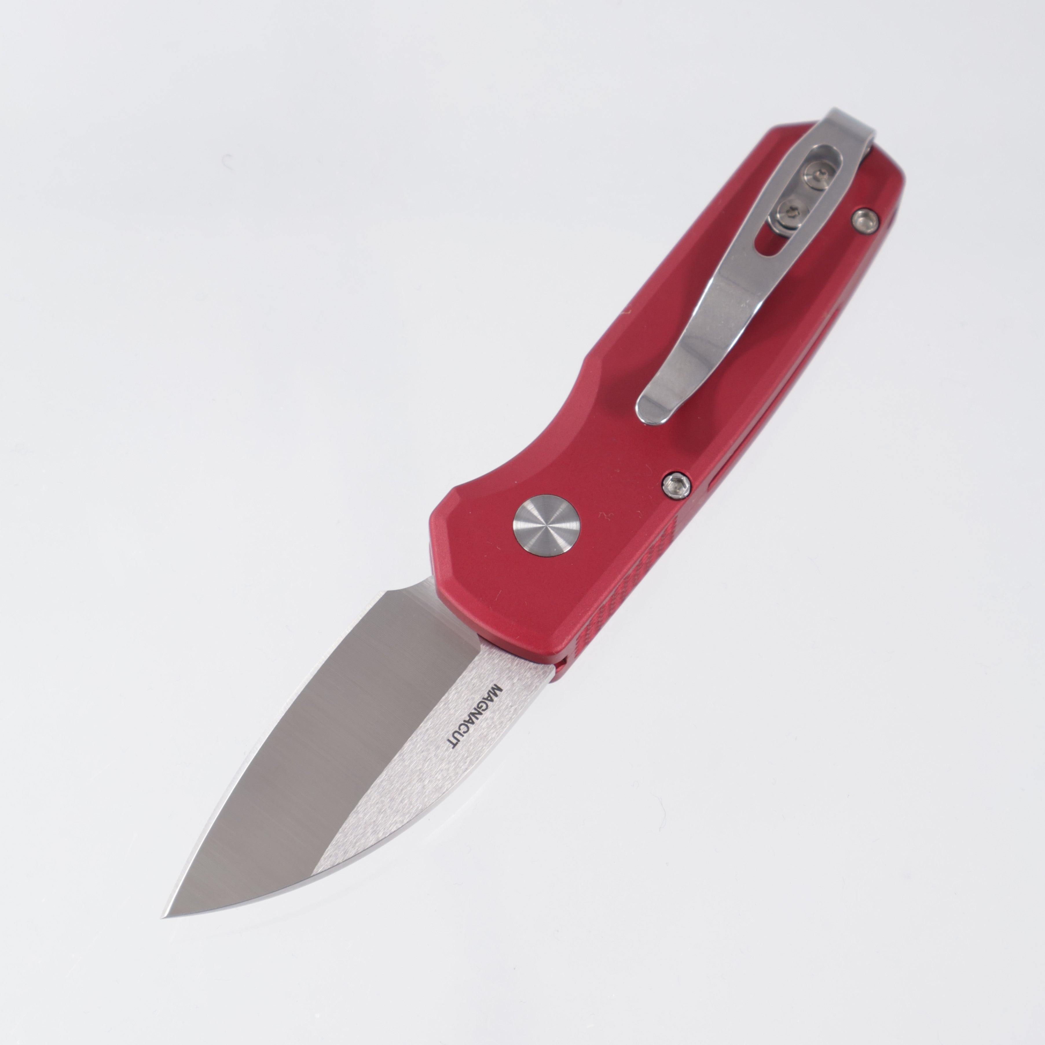 Pro-Tech Runt 5 - Red Aluminum w/ White Pearl Button - Satin Magnacut Wharncliffe - R5300-LTD Red *PRE-OWNED