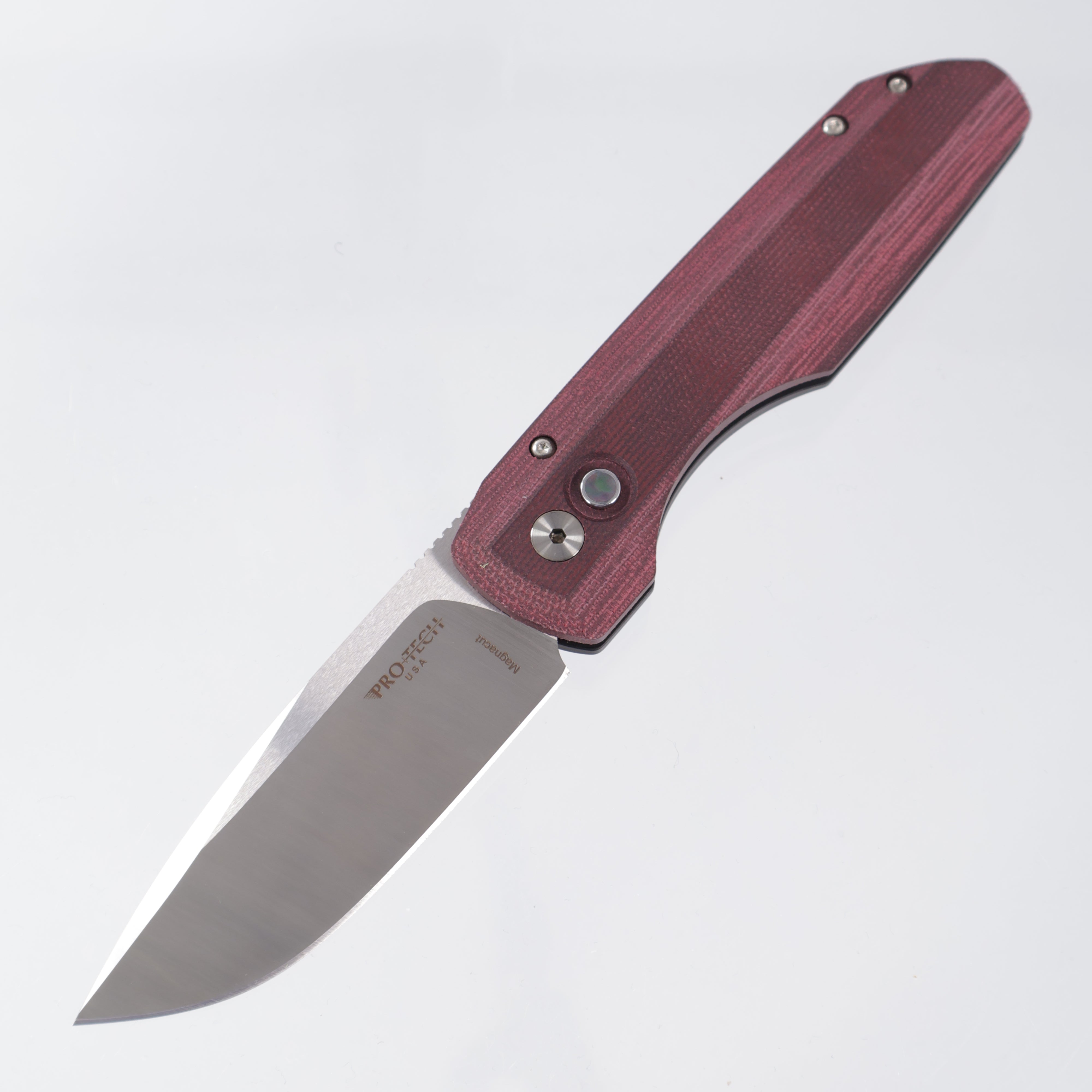 Pro-Tech Vero Synapse Auto - Burgundy Micarta Lid w/ Pearl Button - Satin Magnacut - 2025 Synapse Custom 002 *PRE-OWNED*