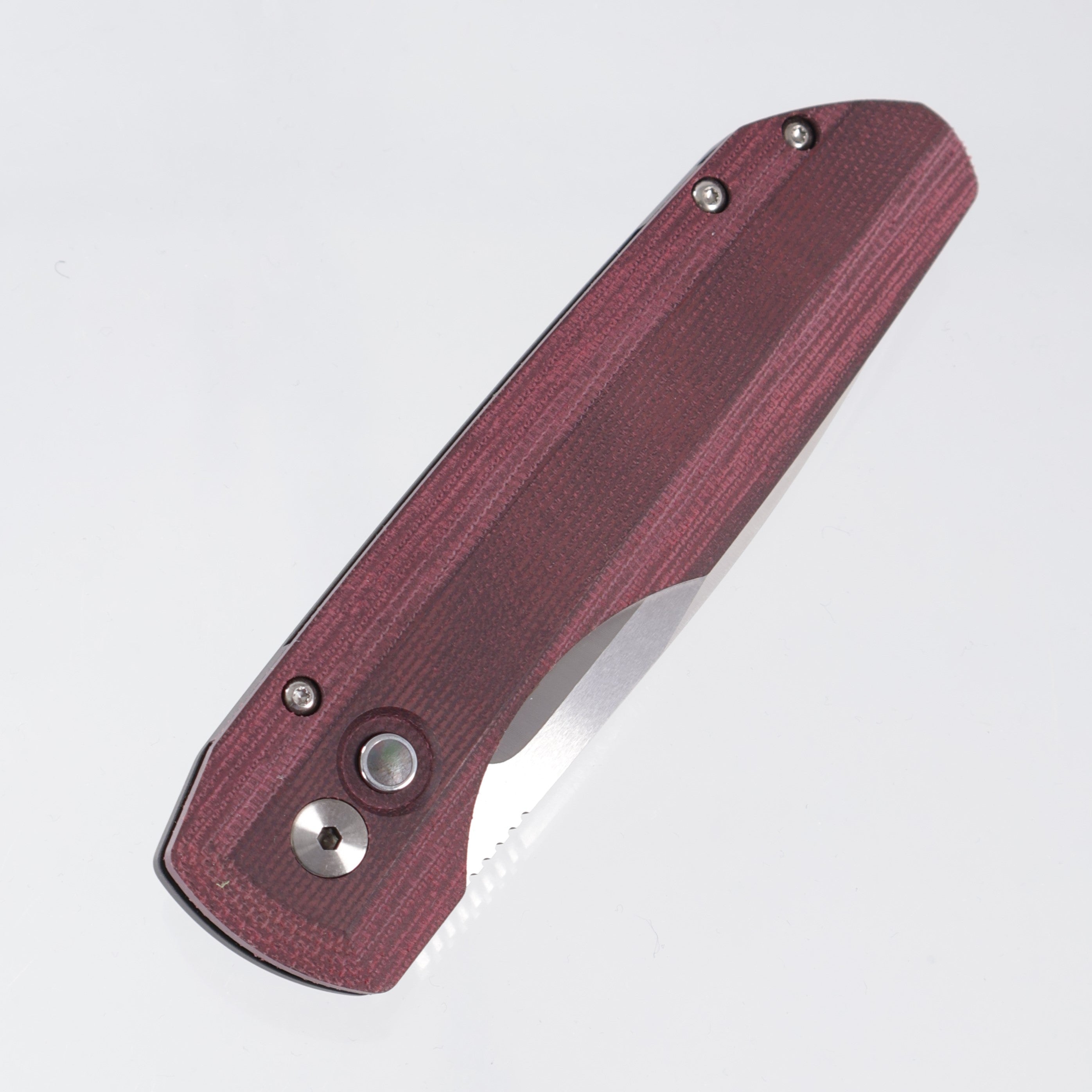 Pro-Tech Vero Synapse Auto - Burgundy Micarta Lid w/ Pearl Button - Satin Magnacut - 2025 Synapse Custom 002 *PRE-OWNED*