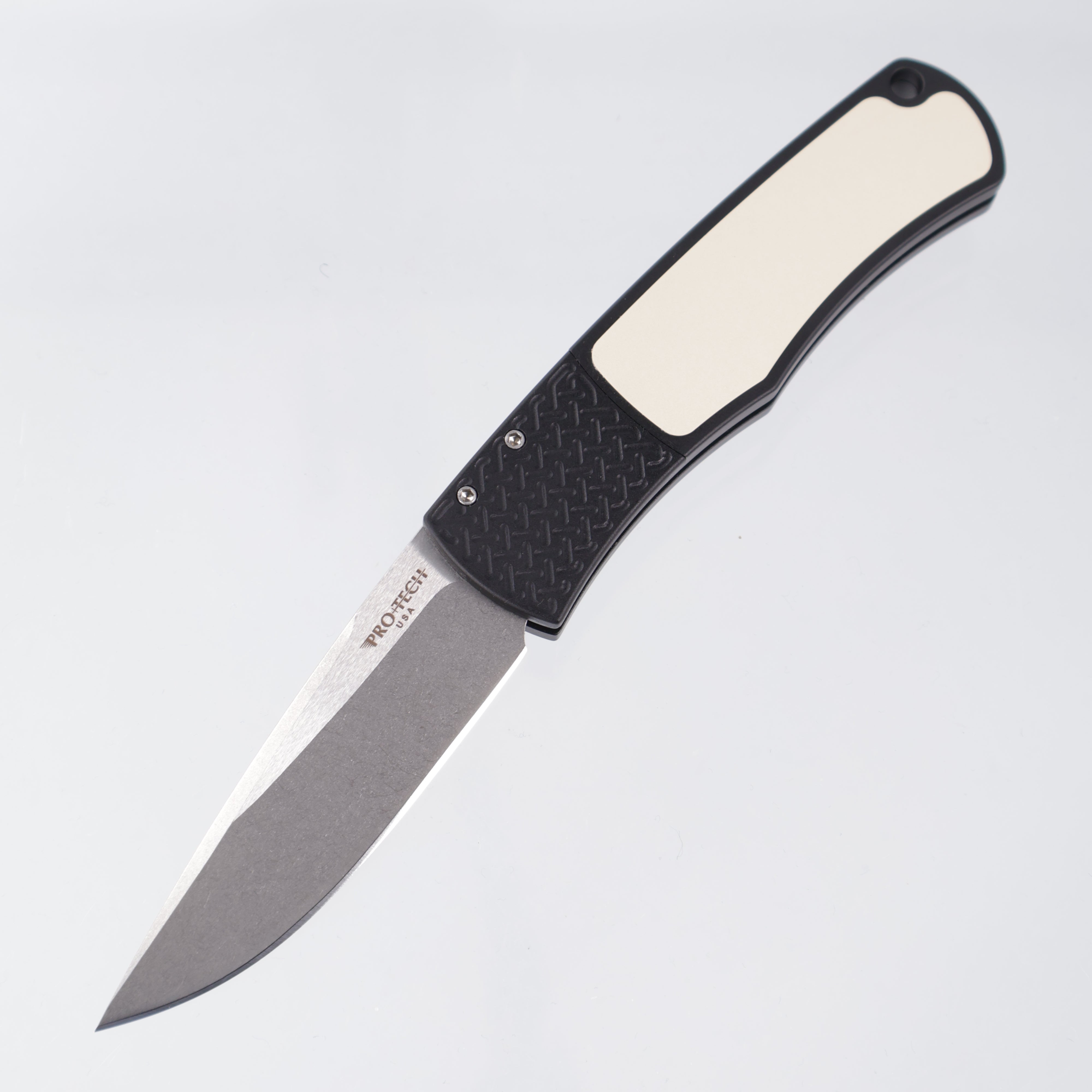 Pro-Tech Whiskers Tuxedo - Black Aluminum w/ Ivory Micarta Inlay & Textured Bolster - Stonewash 154CM - BR-1.51 *PRE-OWNED*
