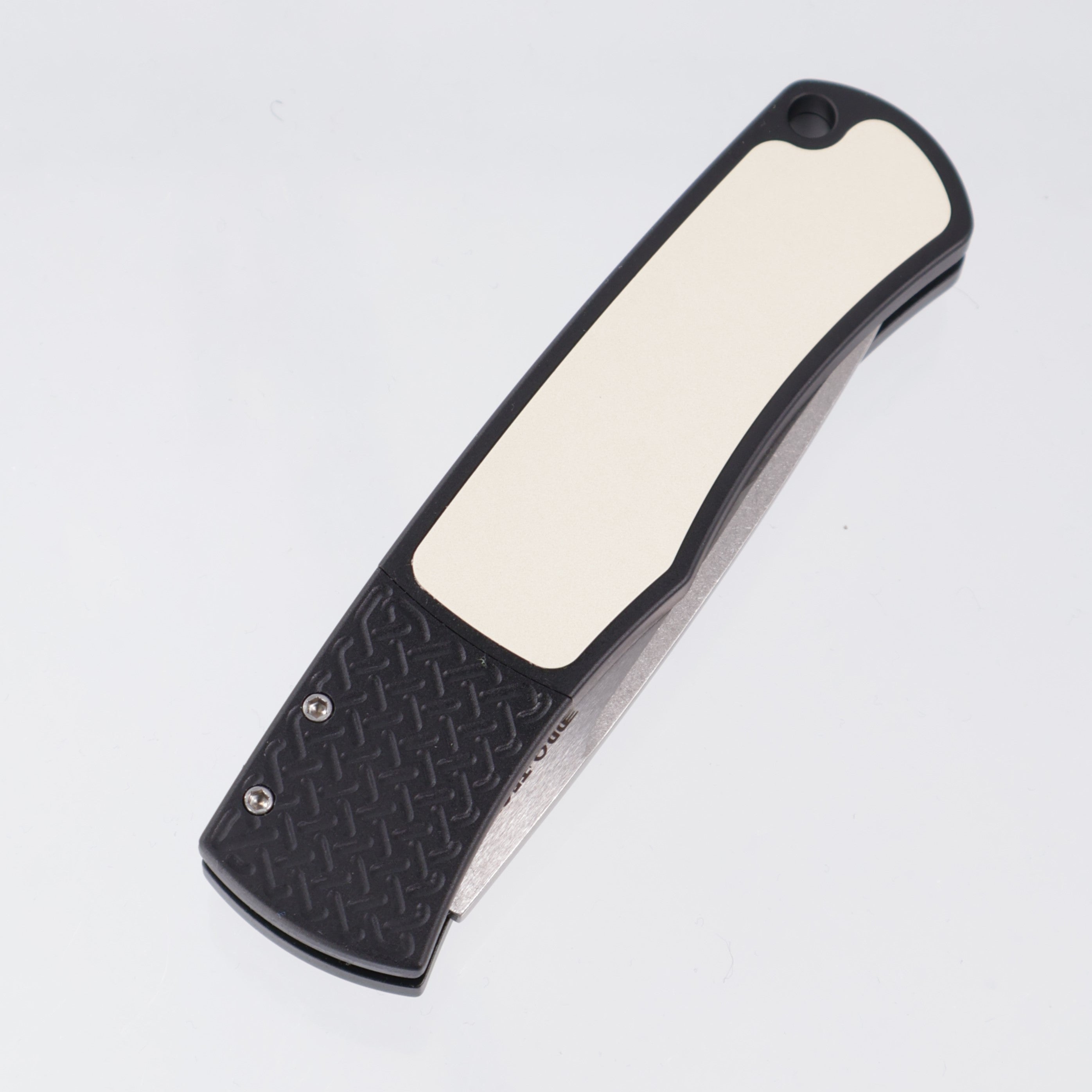 Pro-Tech Whiskers Tuxedo - Black Aluminum w/ Ivory Micarta Inlay & Textured Bolster - Stonewash 154CM - BR-1.51 *PRE-OWNED*