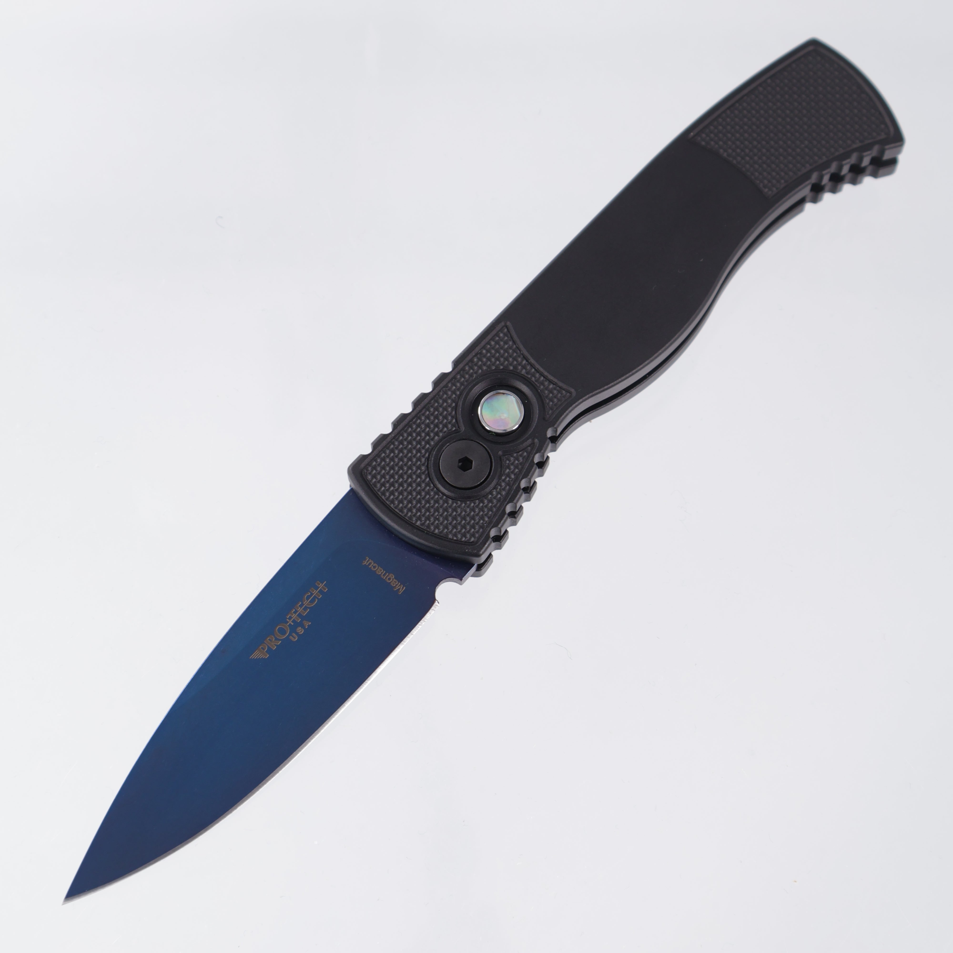 Pro-Tech TR-2 - Black Aluminum w/ Textured Corners - Mother of Pearl Button - Sapphire PVD Magnacut - T203-SB *PRE-OWNED*
