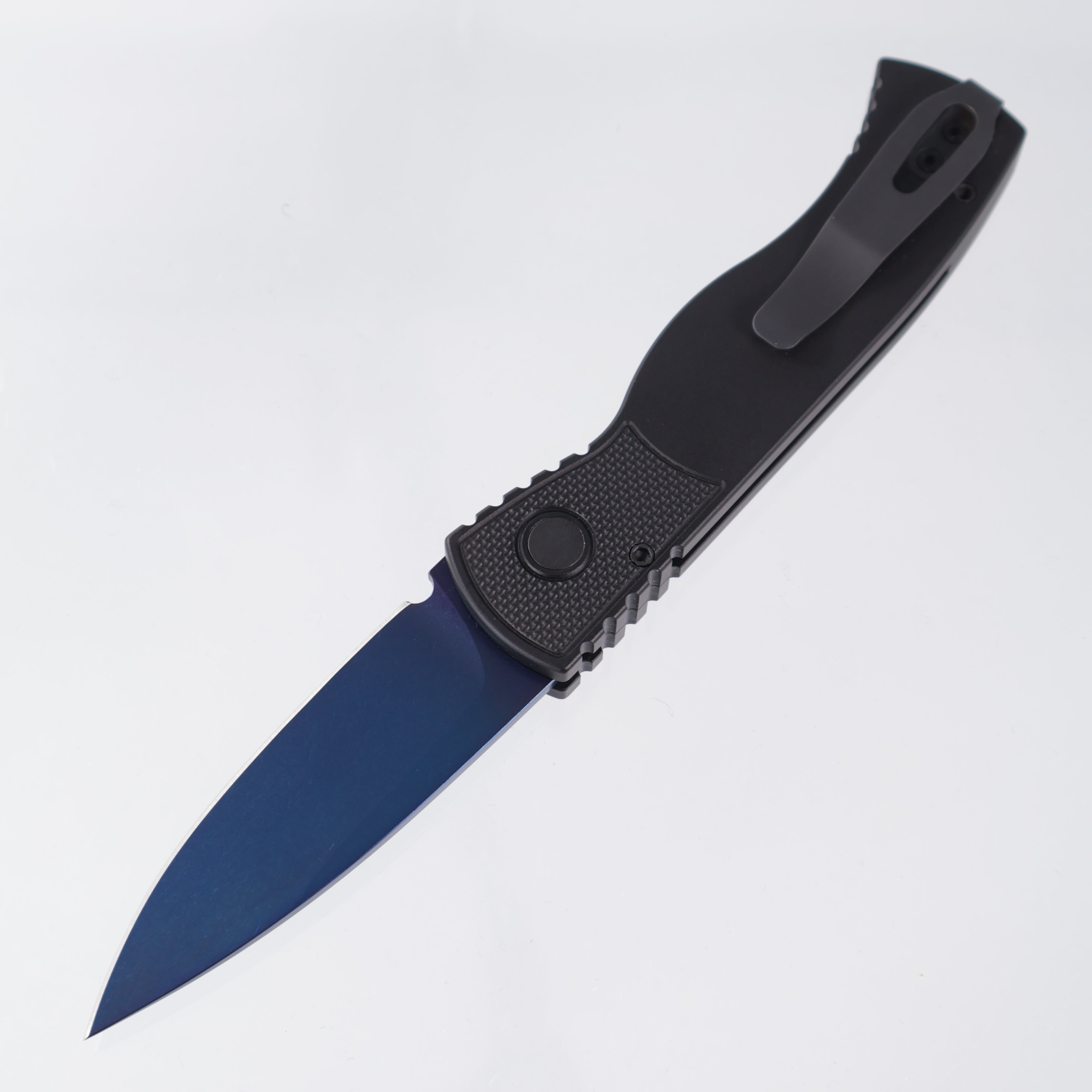 Pro-Tech TR-2 - Black Aluminum w/ Textured Corners - Mother of Pearl Button - Sapphire PVD Magnacut - T203-SB *PRE-OWNED*