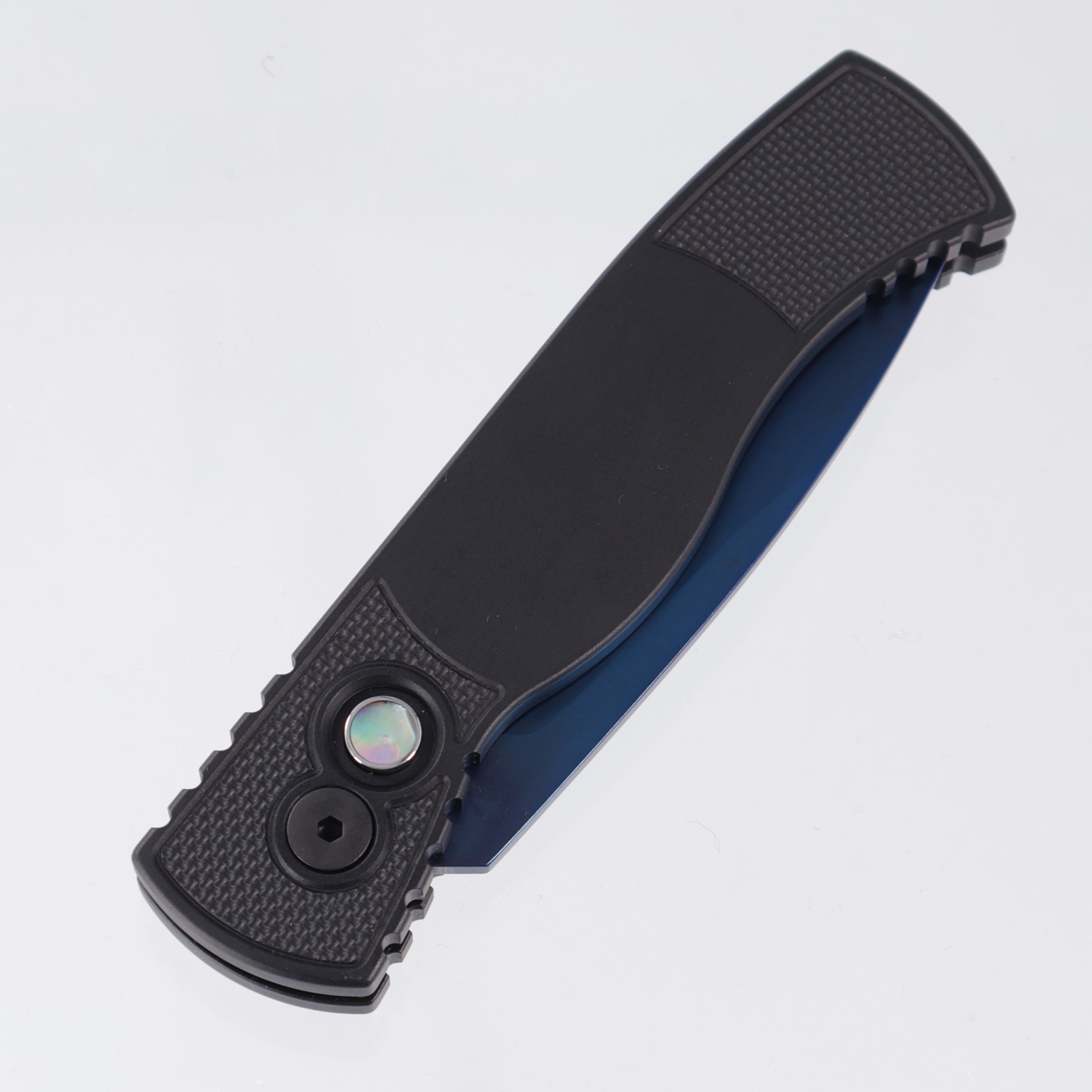 Pro-Tech TR-2 - Black Aluminum w/ Textured Corners - Mother of Pearl Button - Sapphire PVD Magnacut - T203-SB *PRE-OWNED*