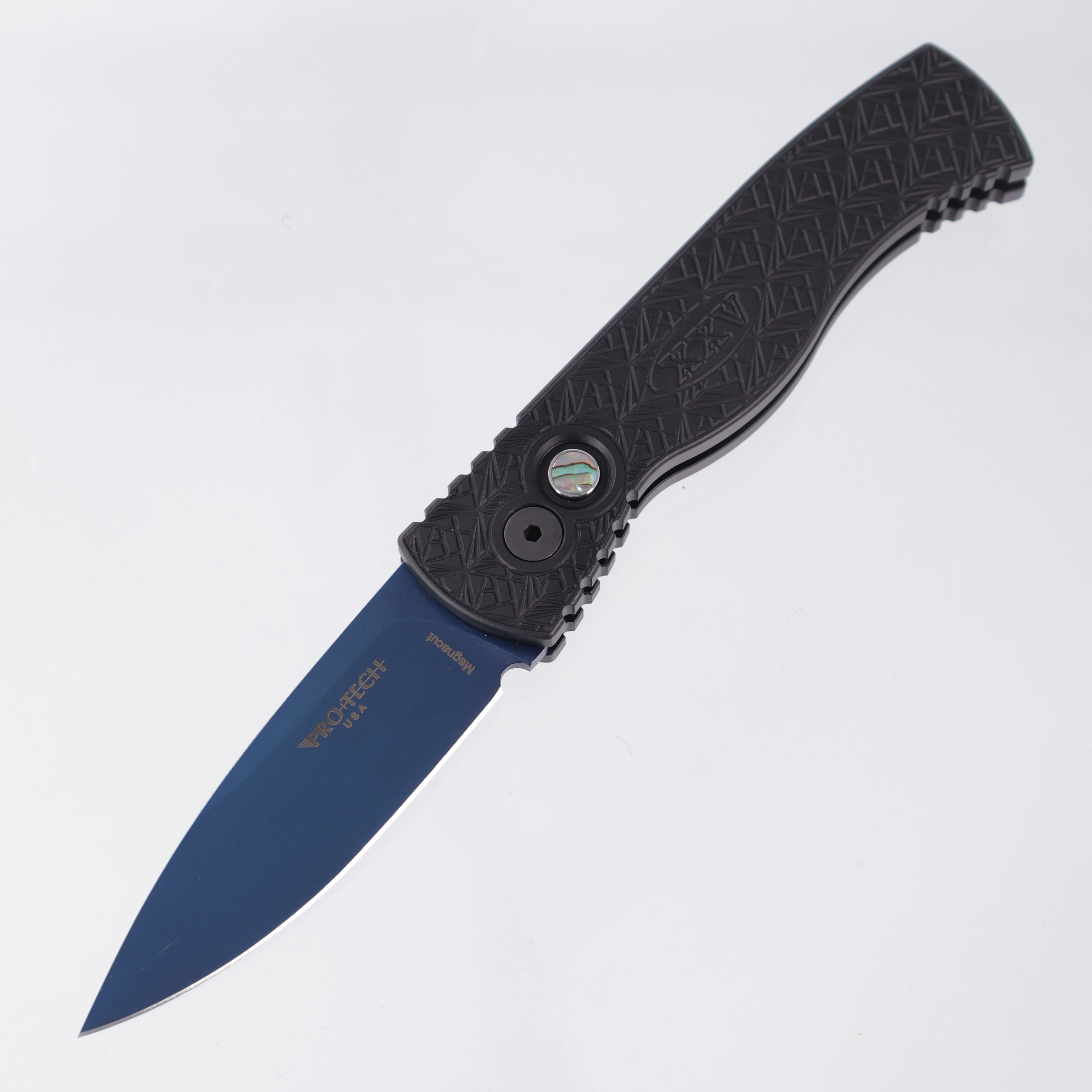 Pro-Tech TR-2 - Black Aluminum w/ Nexus “since 1999” Texture & Abalone Button - Sapphire Magnacut - T206-SB Nexus *PRE-OWNED*