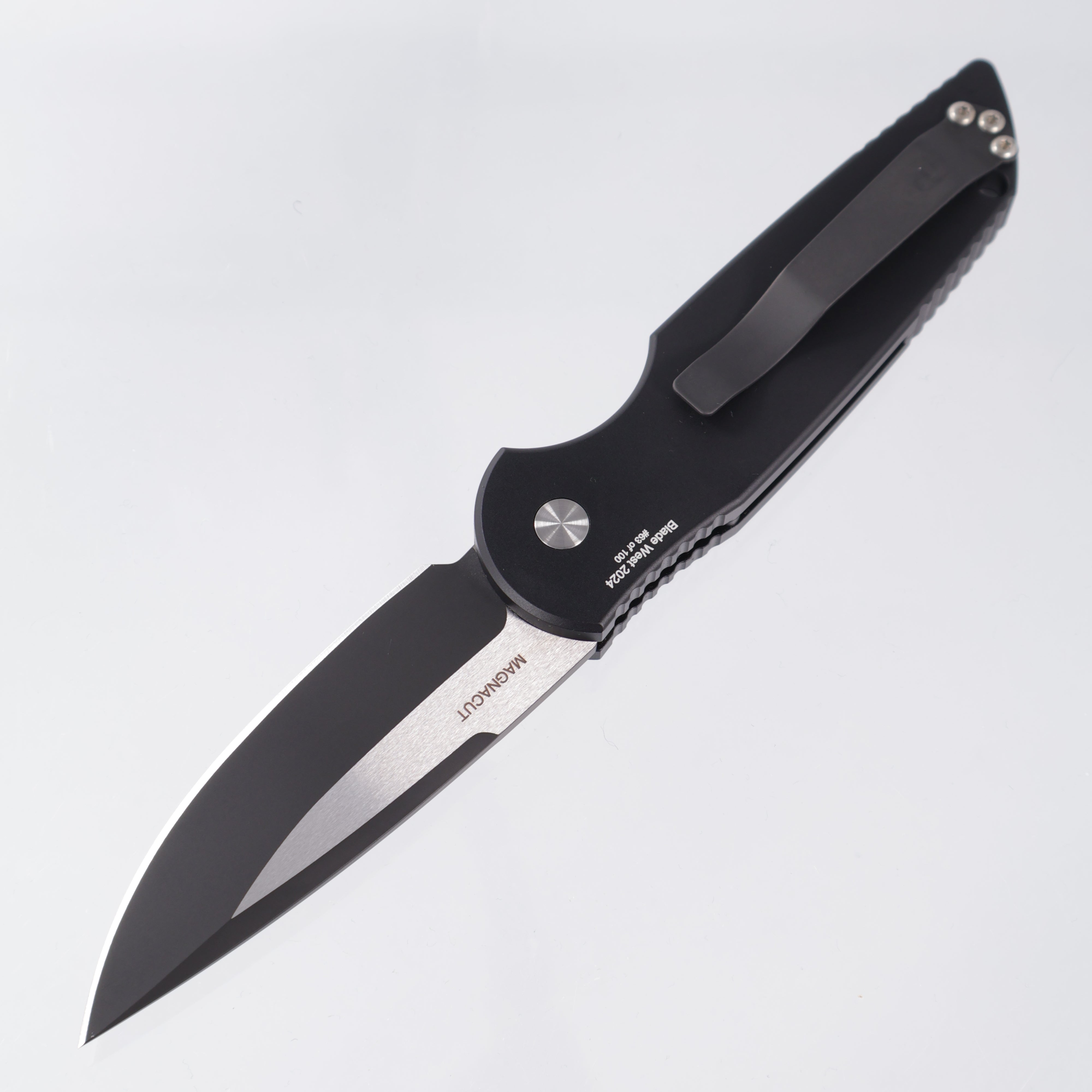 Pro-Tech TR-3 - Black Aluminum w/ Grooves & Abalone Button - 2-Tone DLC Magnacut - 2024.BLADEWEST.03 *PRE-OWNED*