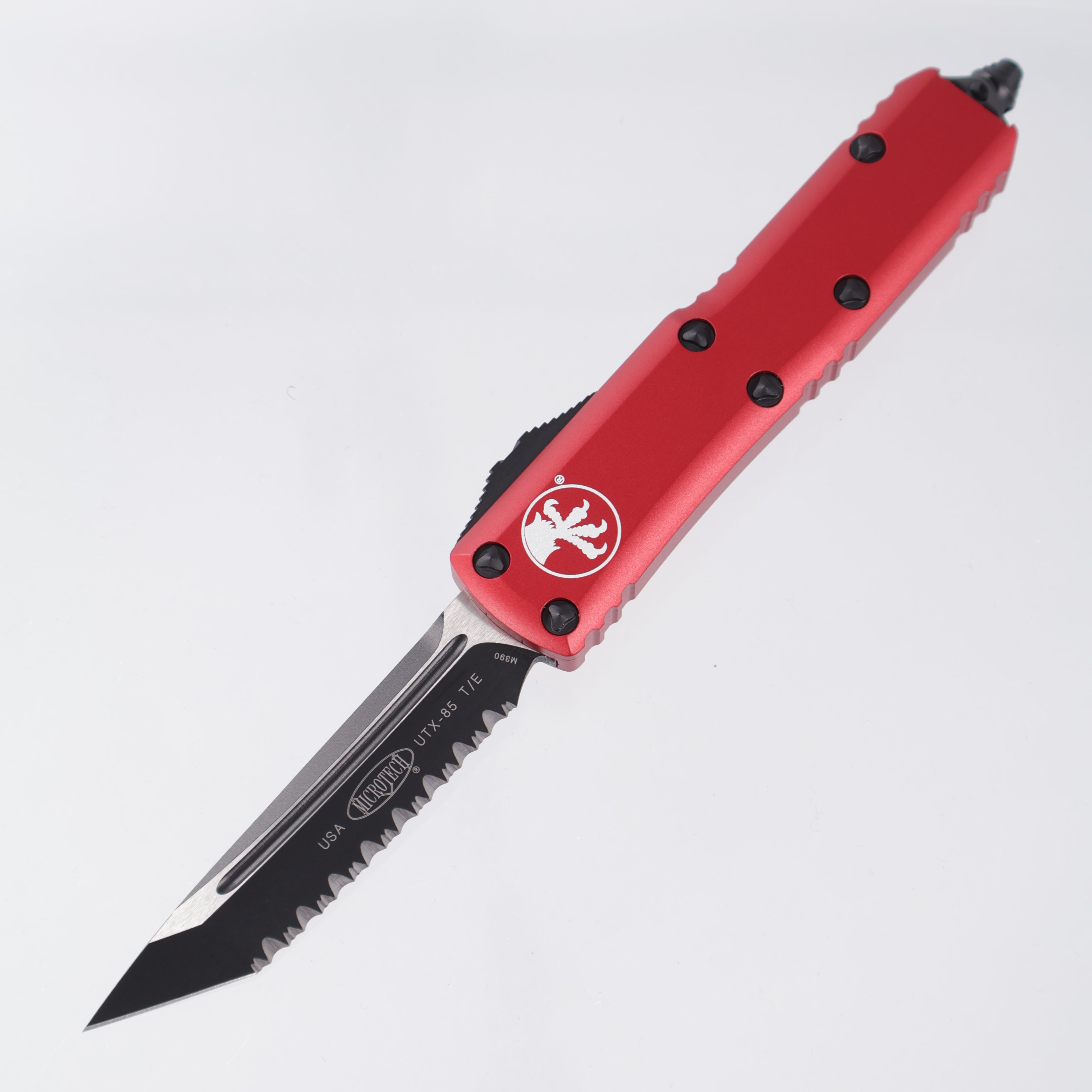 Microtech UTX-85 Tanto - Red Aluminum - 2-Tone Tactical M390 Full Serrate - 233-3 RD *PRE-OWNED*