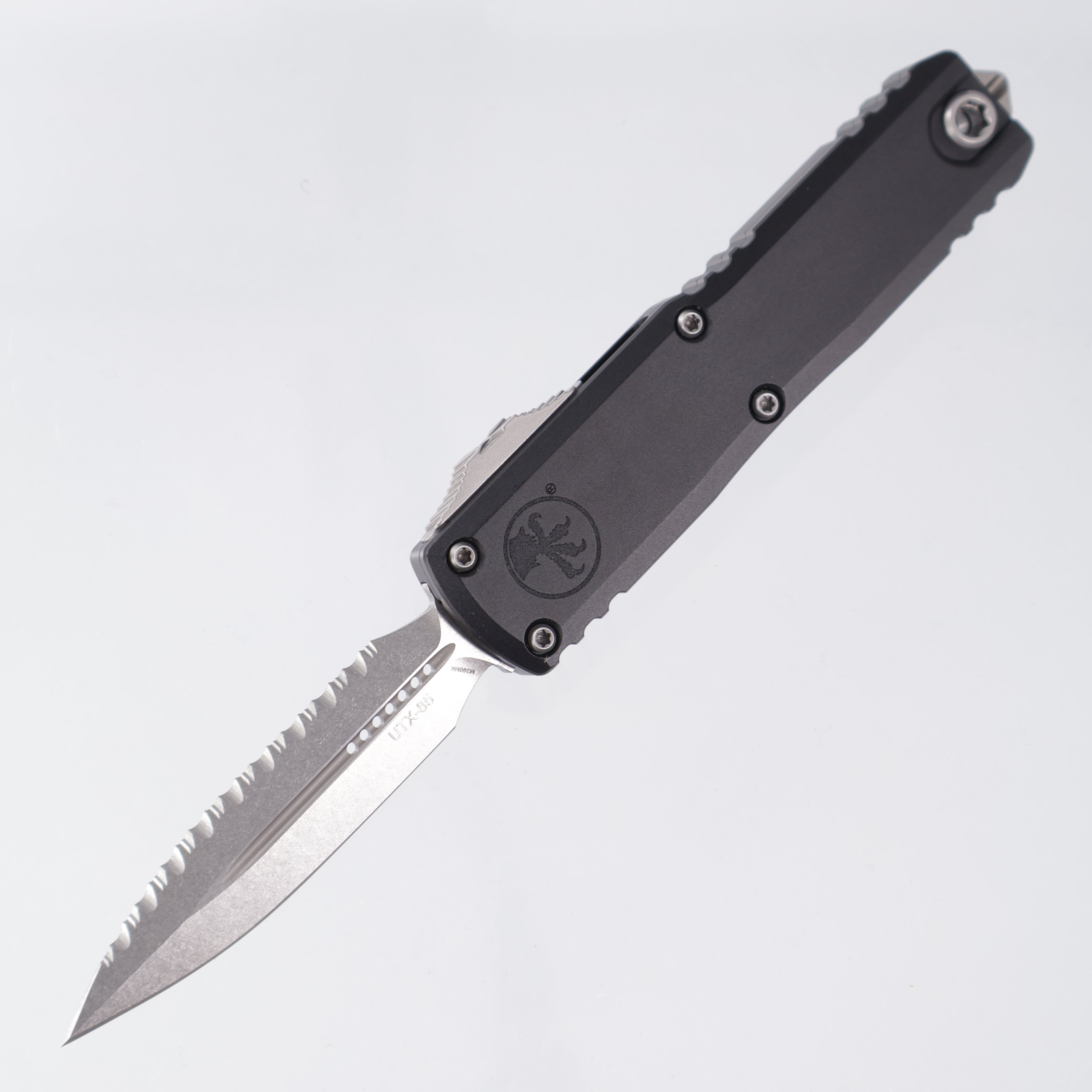 Microtech UTX-85 Gen IV Double Edge - Black Aluminum - Stonewash M390MK Full Serrate - 12324-12 *PRE-OWNED*