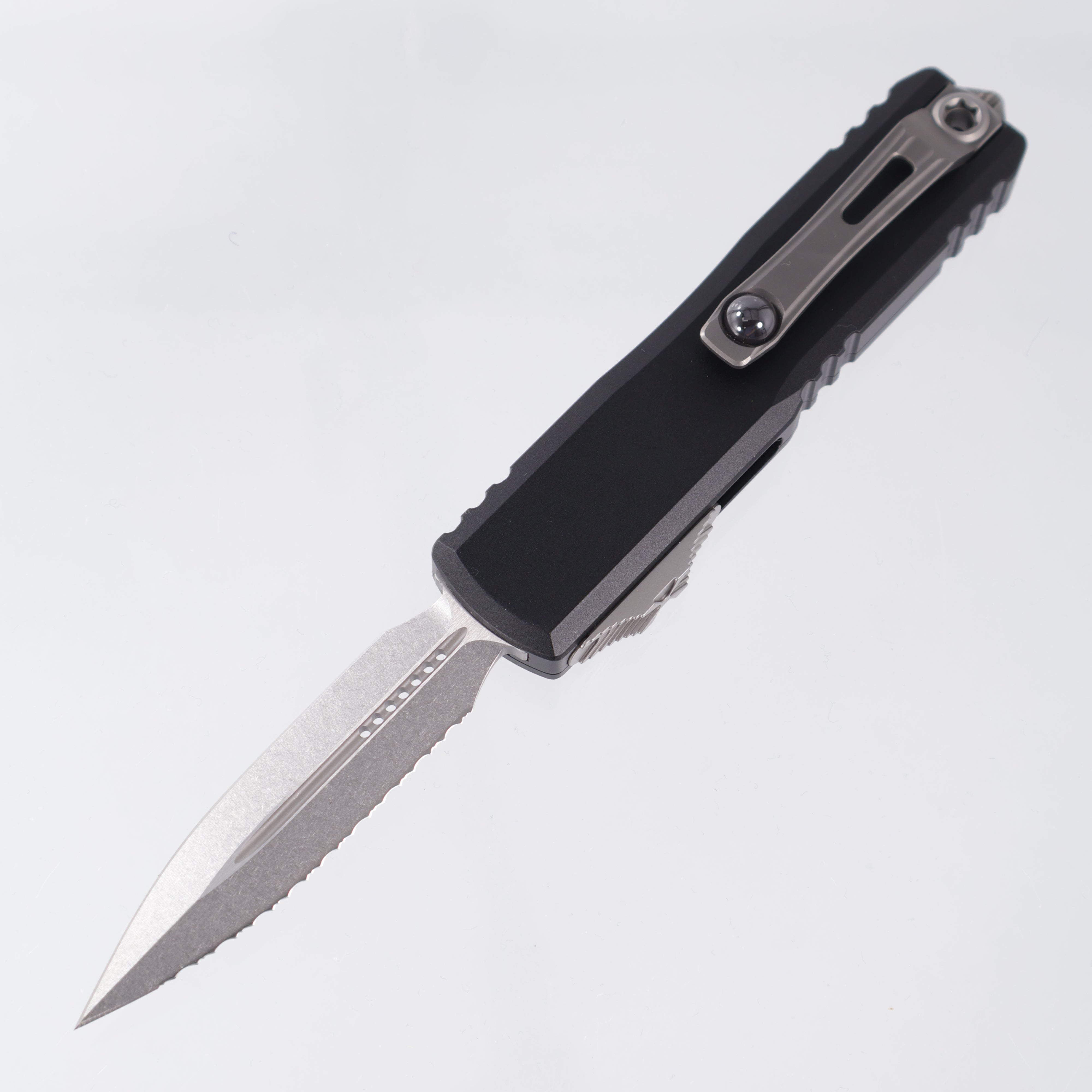 Microtech UTX-85 Gen IV Double Edge - Black Aluminum - Stonewash M390MK Full Serrate - 12324-12 *PRE-OWNED*
