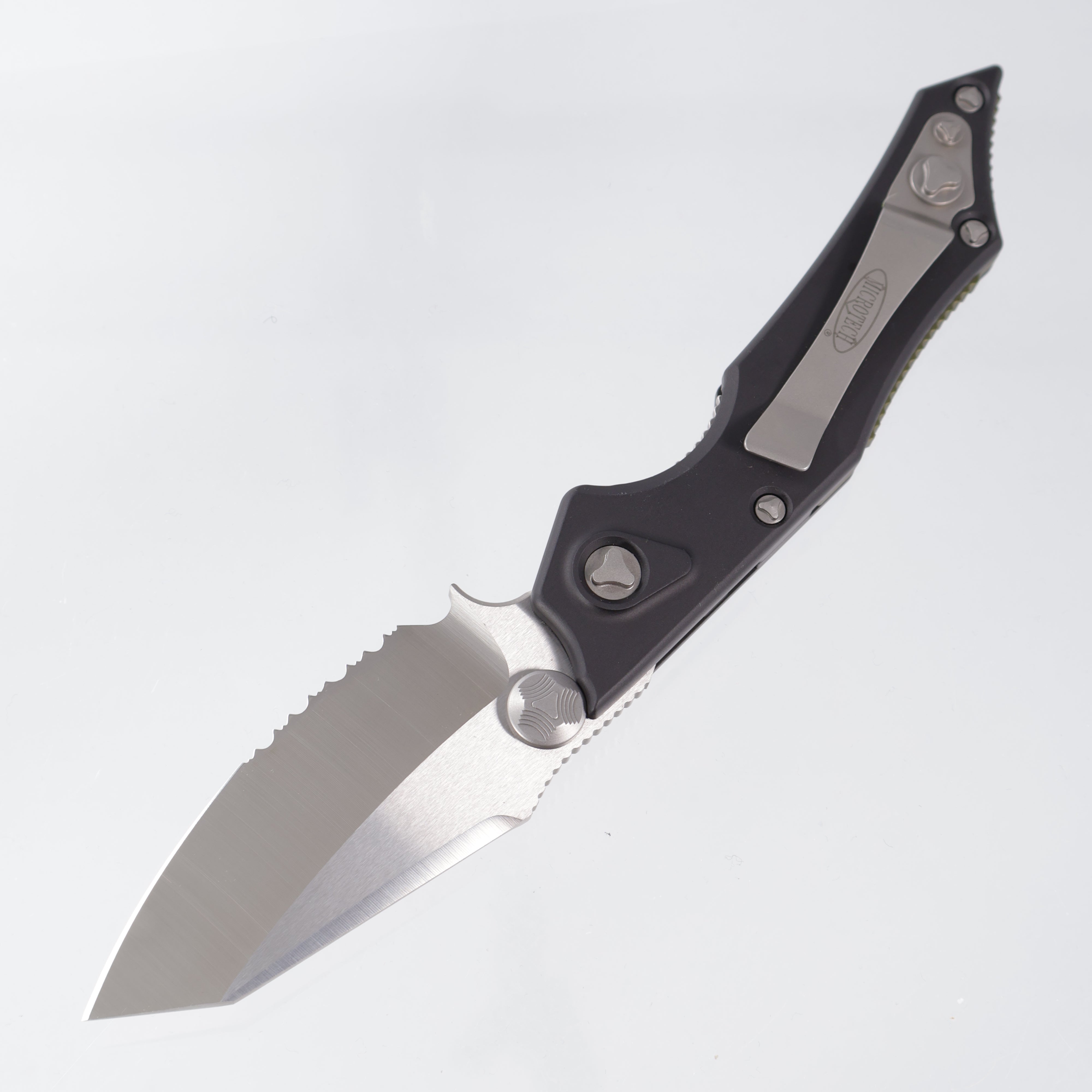 Microtech Selectfire Manual - Black Aluminum w/ Carbon Fiber Inlays & Green Backspacer - Satin Partial Serrate S35VN - 129-5 *PRE-OWNED*