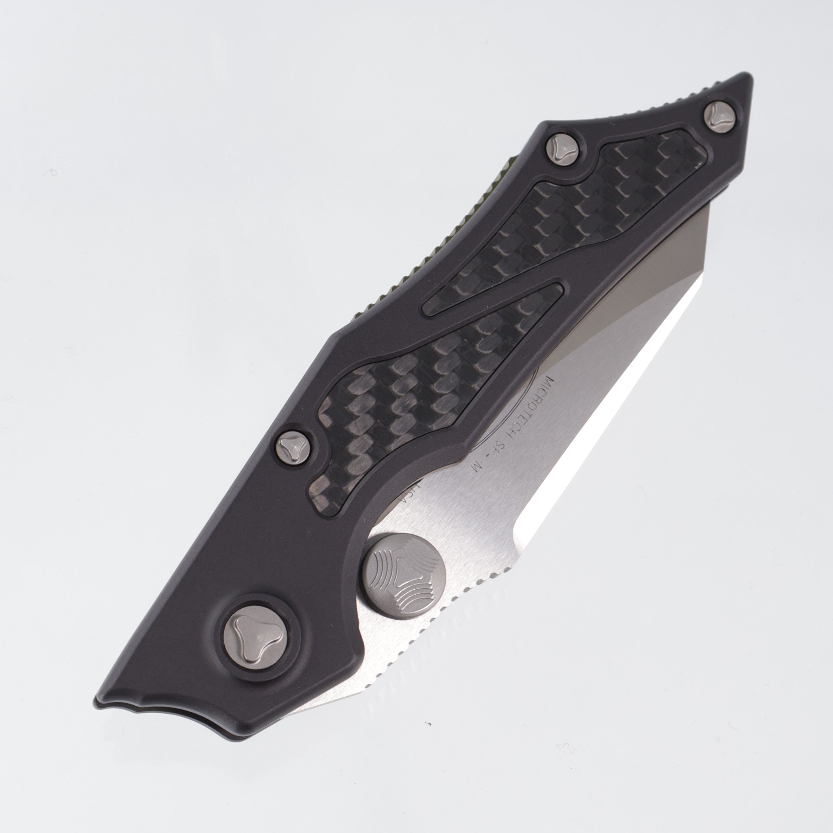 Microtech Selectfire Manual - Black Aluminum w/ Carbon Fiber Inlays & Green Backspacer - Satin Partial Serrate S35VN - 129-5 *PRE-OWNED*