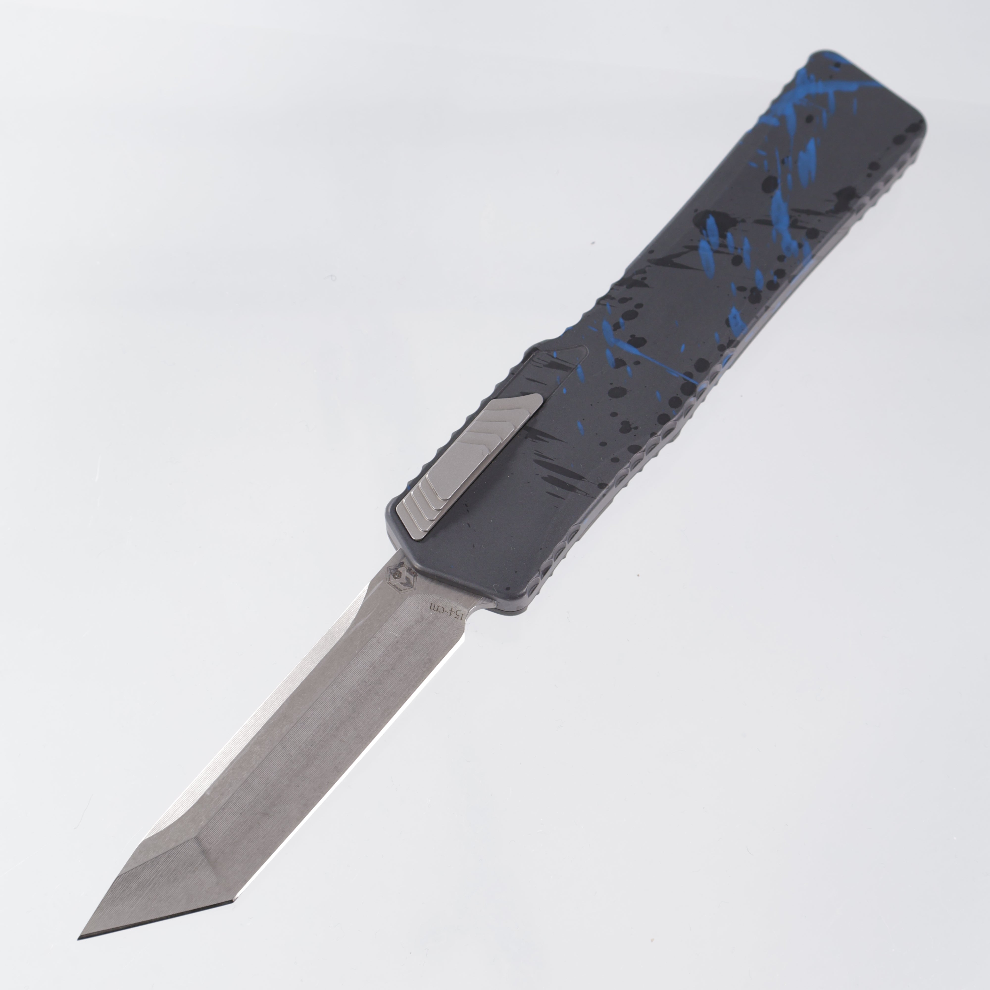 Heretic Cleric Tanto - Gray w/ Blue & Black Splash Pattern Aluminum - Stonewash 154CM - H015-2A-BS *PRE-OWNED*